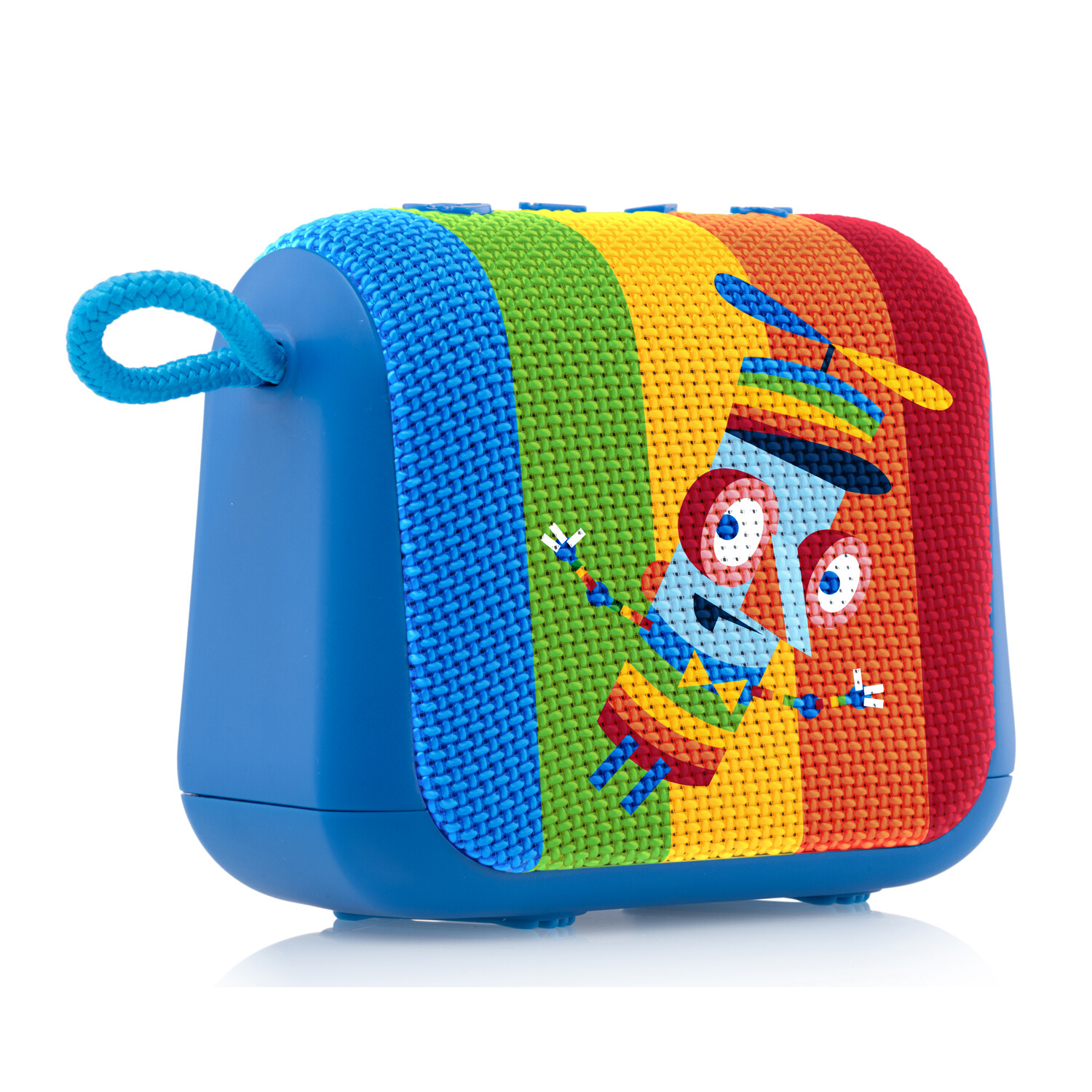 Altoparlante blu con design a cartoni animati. Strisce arcobaleno e manico blu visibili.