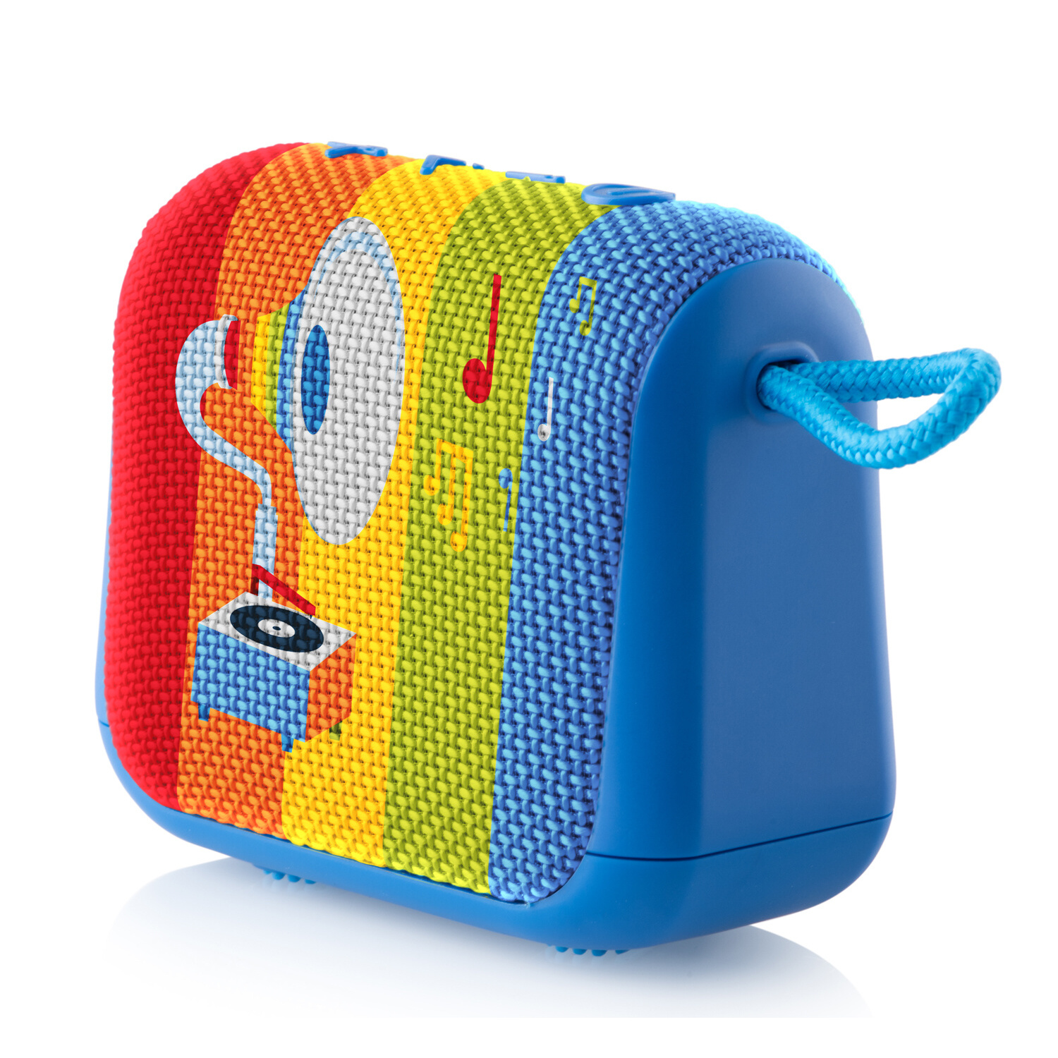 Altoparlante arcobaleno con note musicali, maniglia blu. Design giradischi.