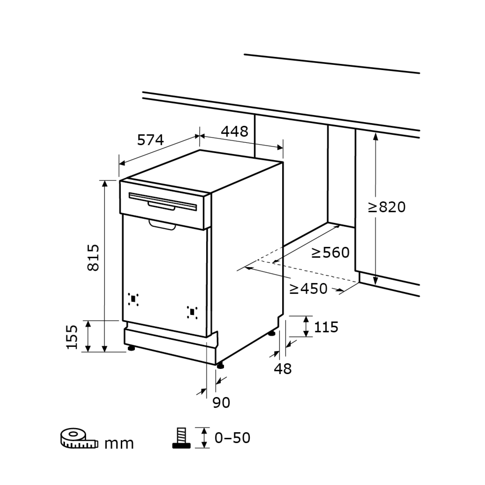 Diagramm eines Geschirrspülers mit Abmessungen in mm. Weißer Hintergrund.