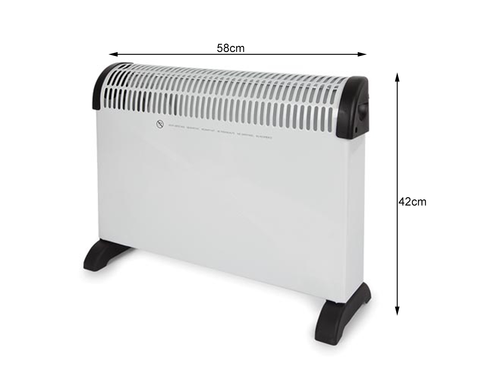 Weißer Elektroheizer mit Maßangaben. Er ist 58 cm breit und 42 cm hoch.