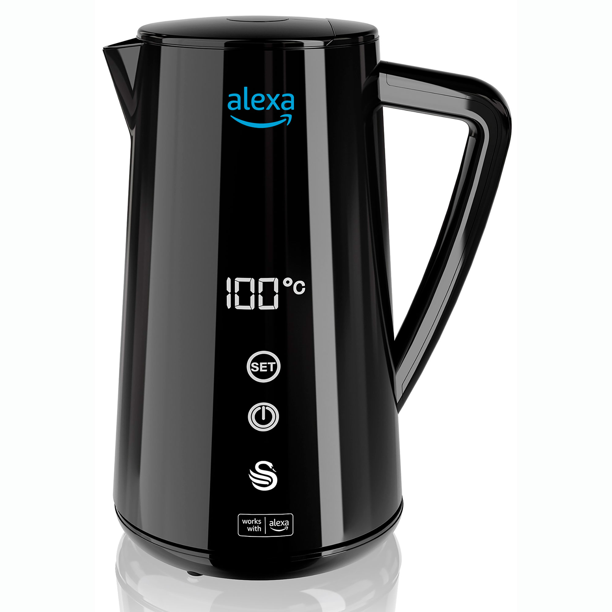 Schwarzer Alexa Smart Kettle mit Digitalanzeige 100°C und Alexa-Logo.