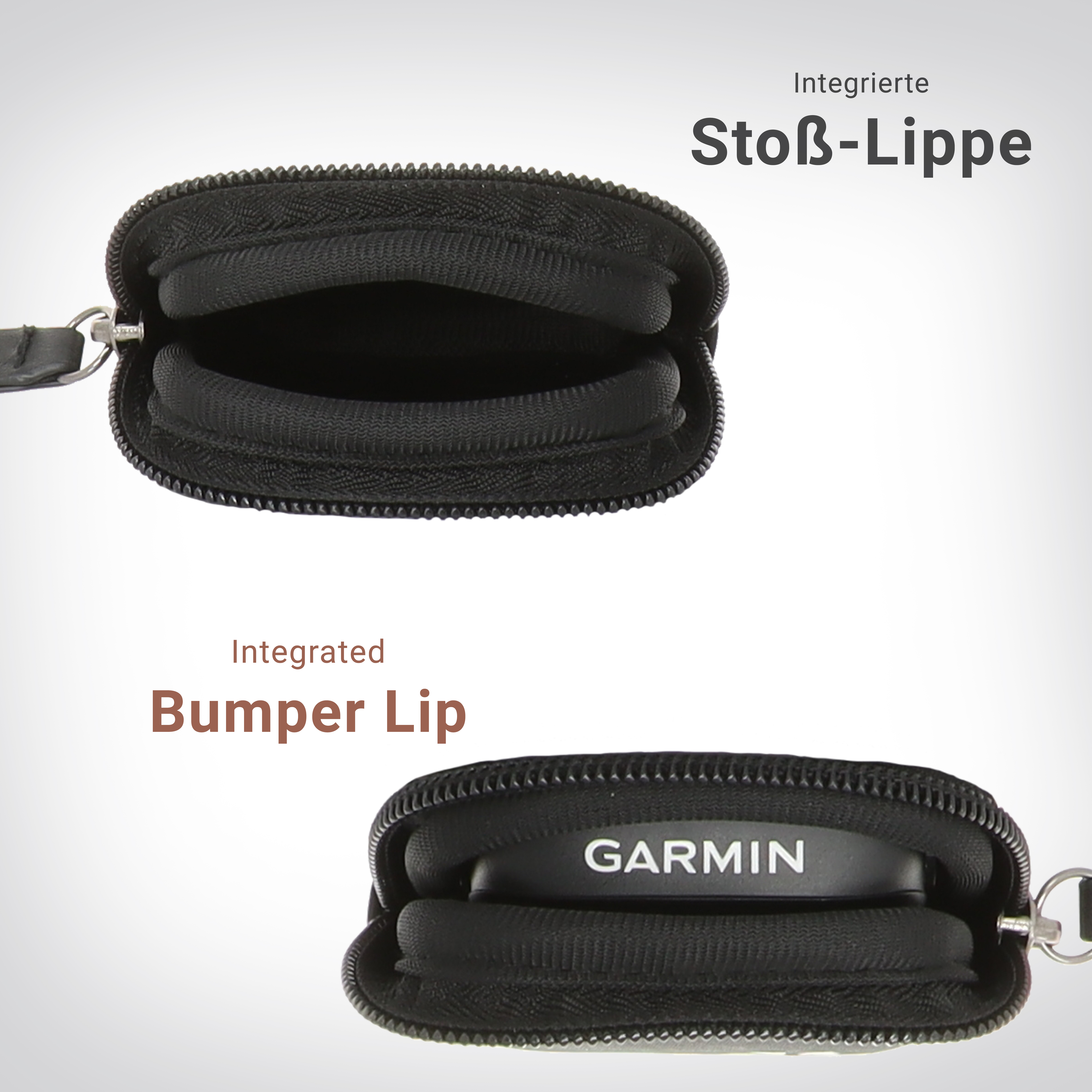 Schwarzer Reißverschlussbeutel mit einem Garmin-Gerät darin. Der Beutel hat eine Stoßlippe.
