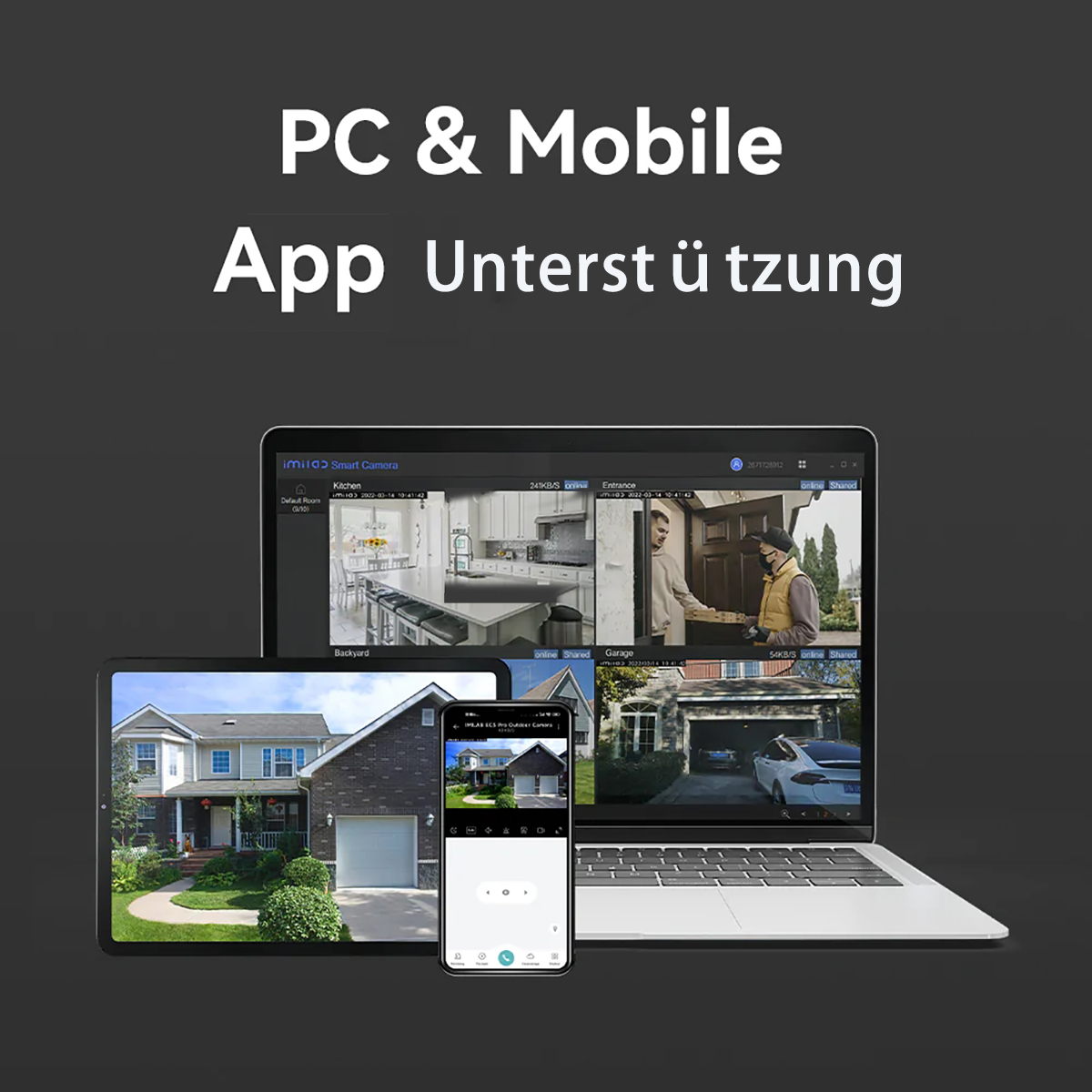 Ein Laptop, Tablet und Telefon, die Ansichten einer Heimsicherheitskamera anzeigen.