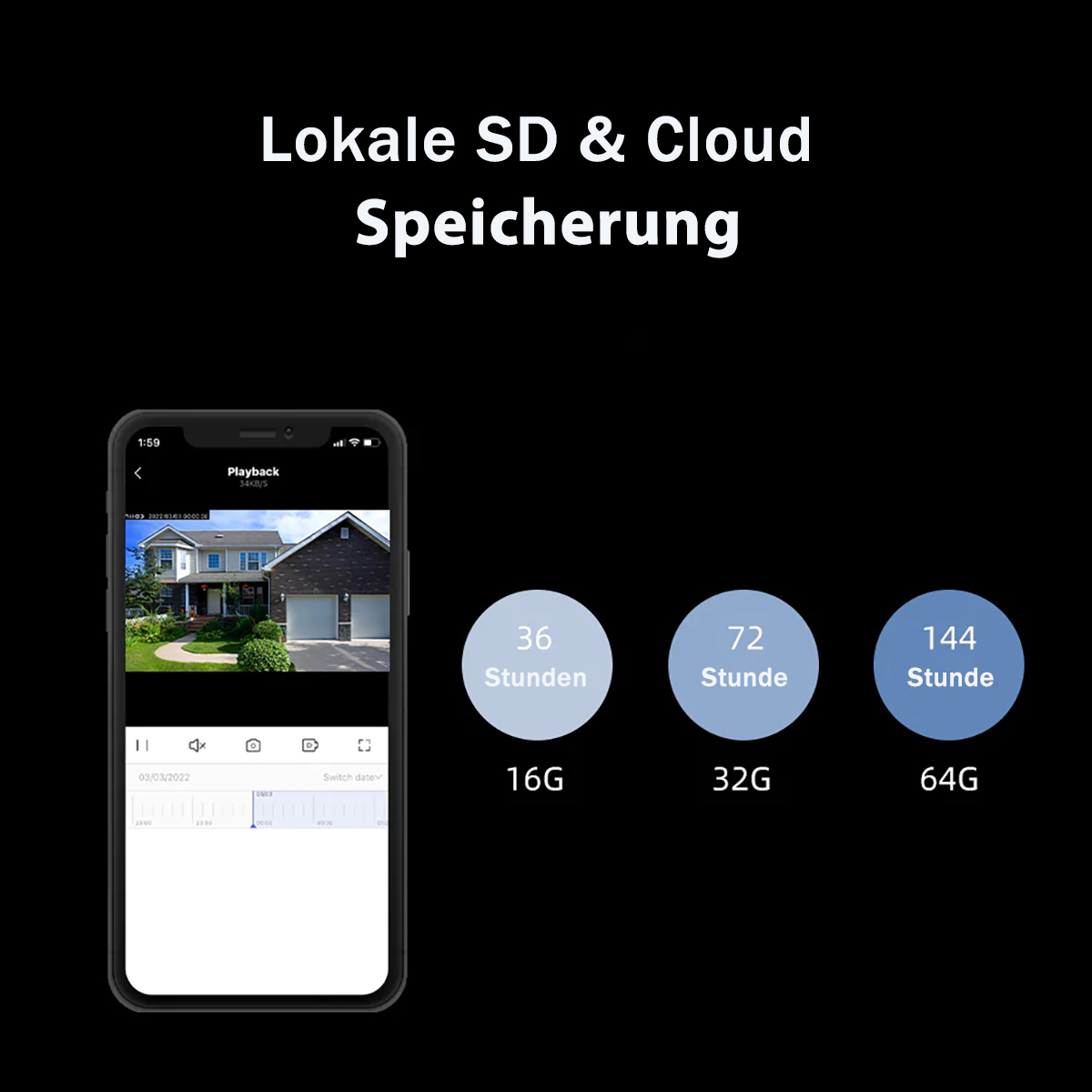 Ein Smartphone zeigt Videodaten mit Text zu Speicheroptionen und -dauer an.