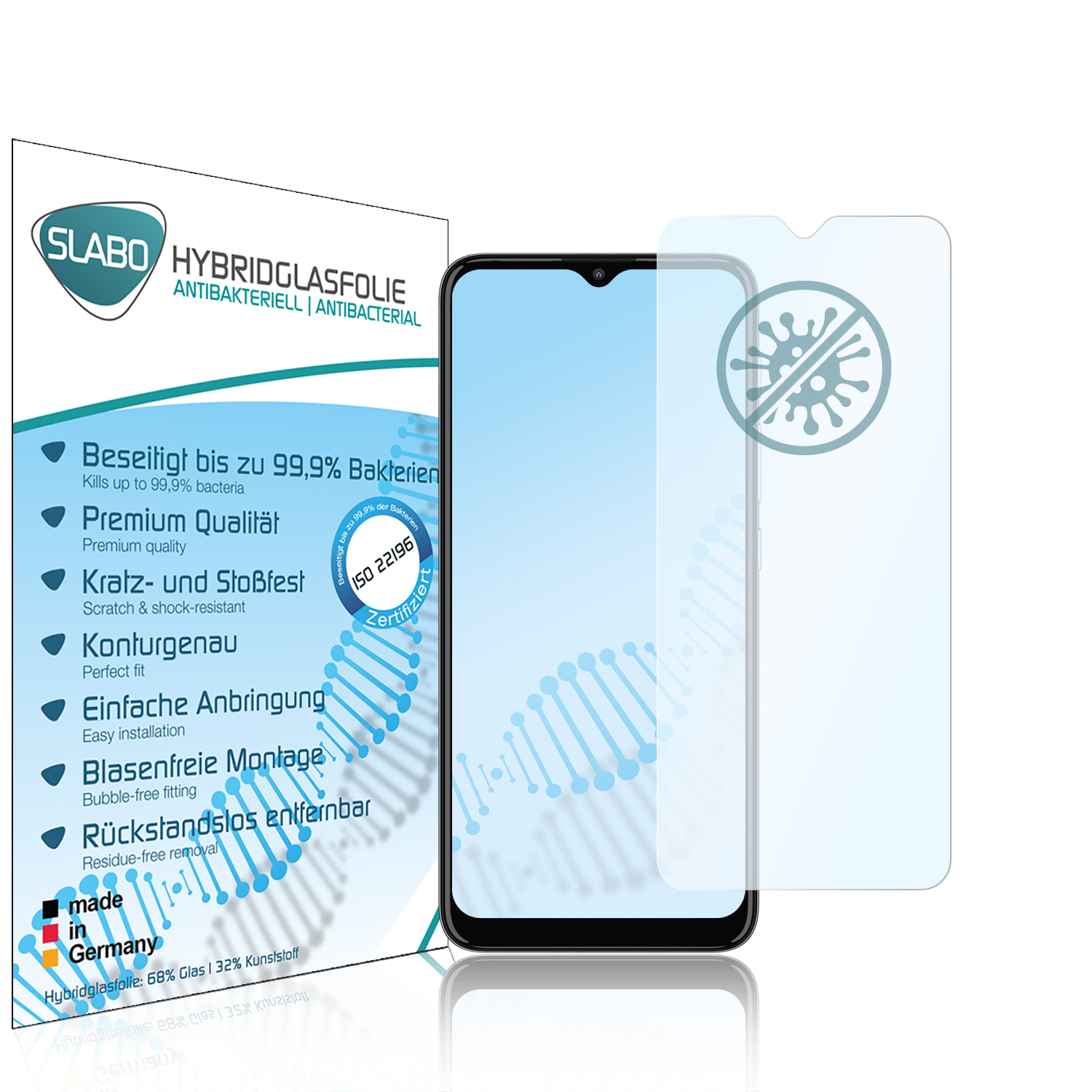 Handy-Displayschutzfolie mit Telefon, Verpackung und antibakteriellem und kratzfestem Text.