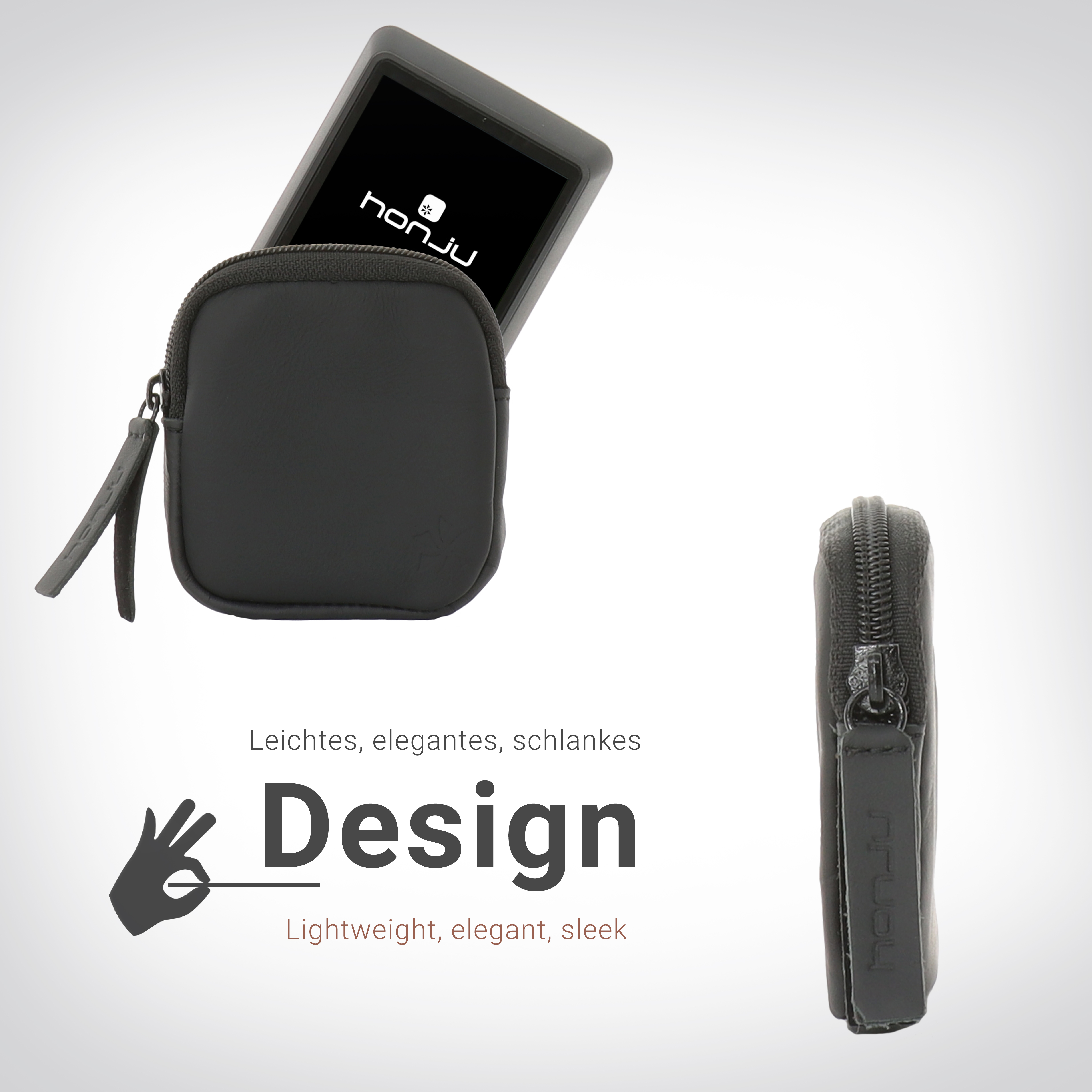 Schwarze Tasche mit Honju-Logo. Weißer Hintergrund. Text: Leicht, elegant, schlankes Design.