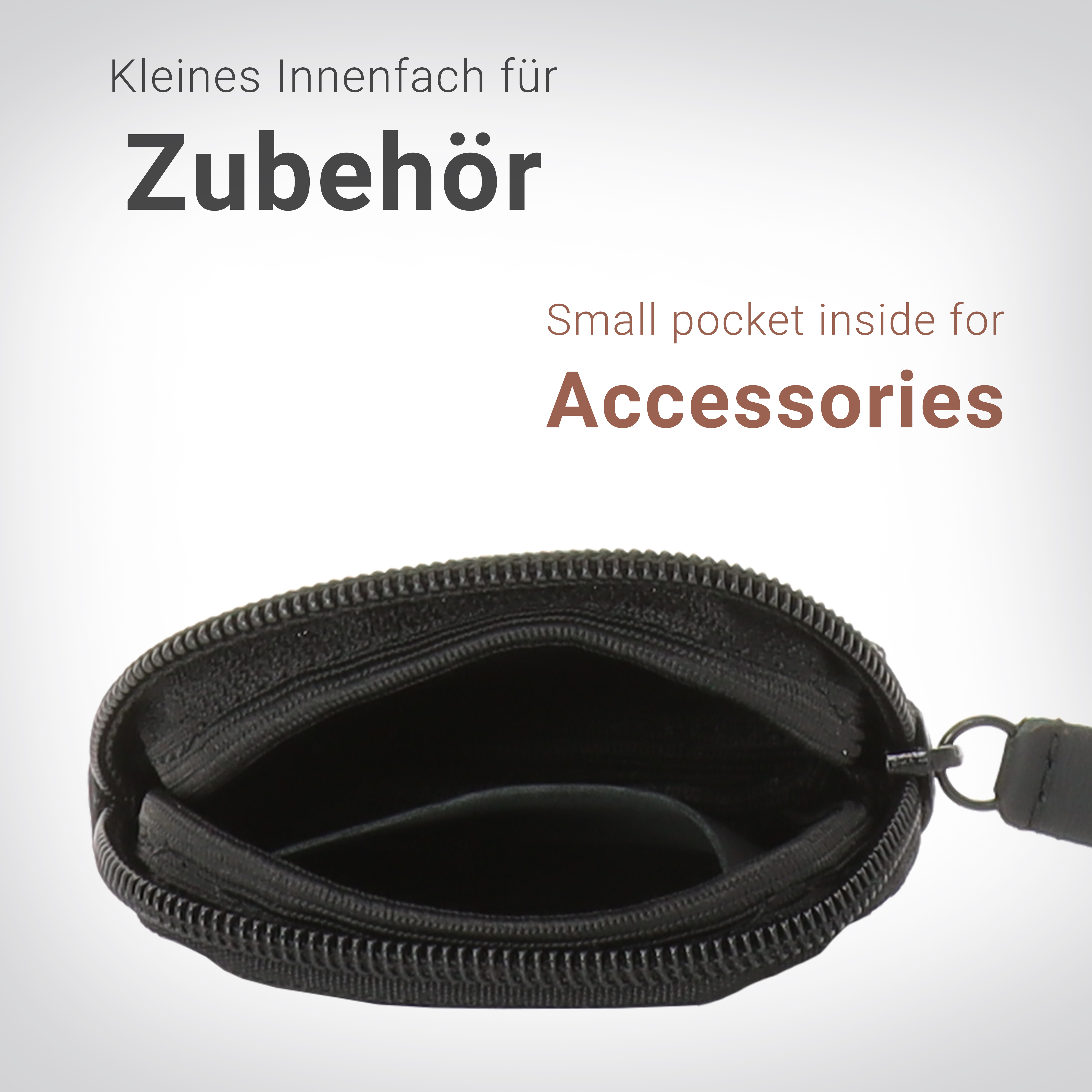 Ein schwarzer Beutel mit Reißverschluss, der geöffnet ist, um eine kleine Tasche für Zubehör zu zeigen.