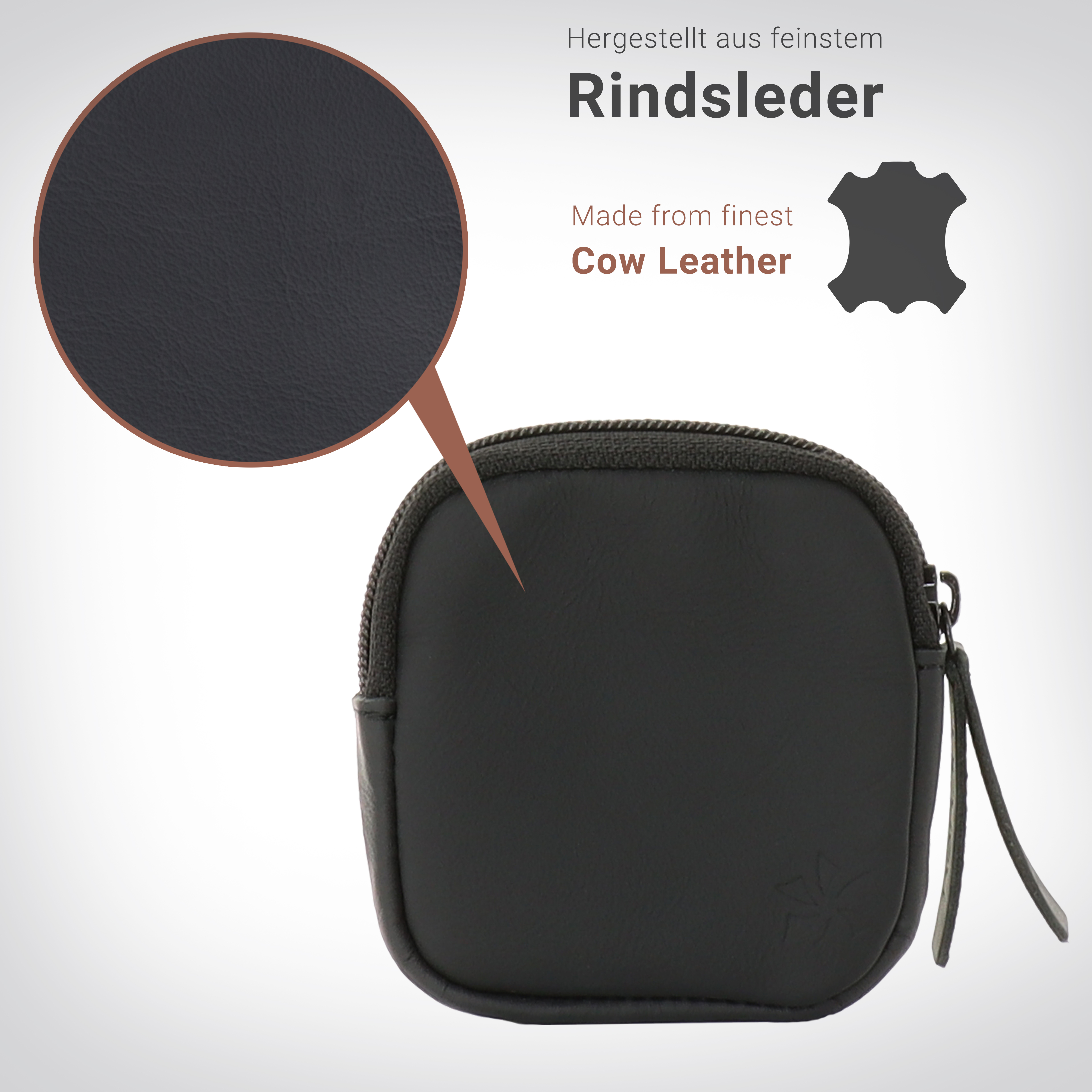 Schwarze Ledertasche mit Reißverschluss. Text: Hergestellt aus feinstem Rindsleder. Vergrößerte Lederdetails.