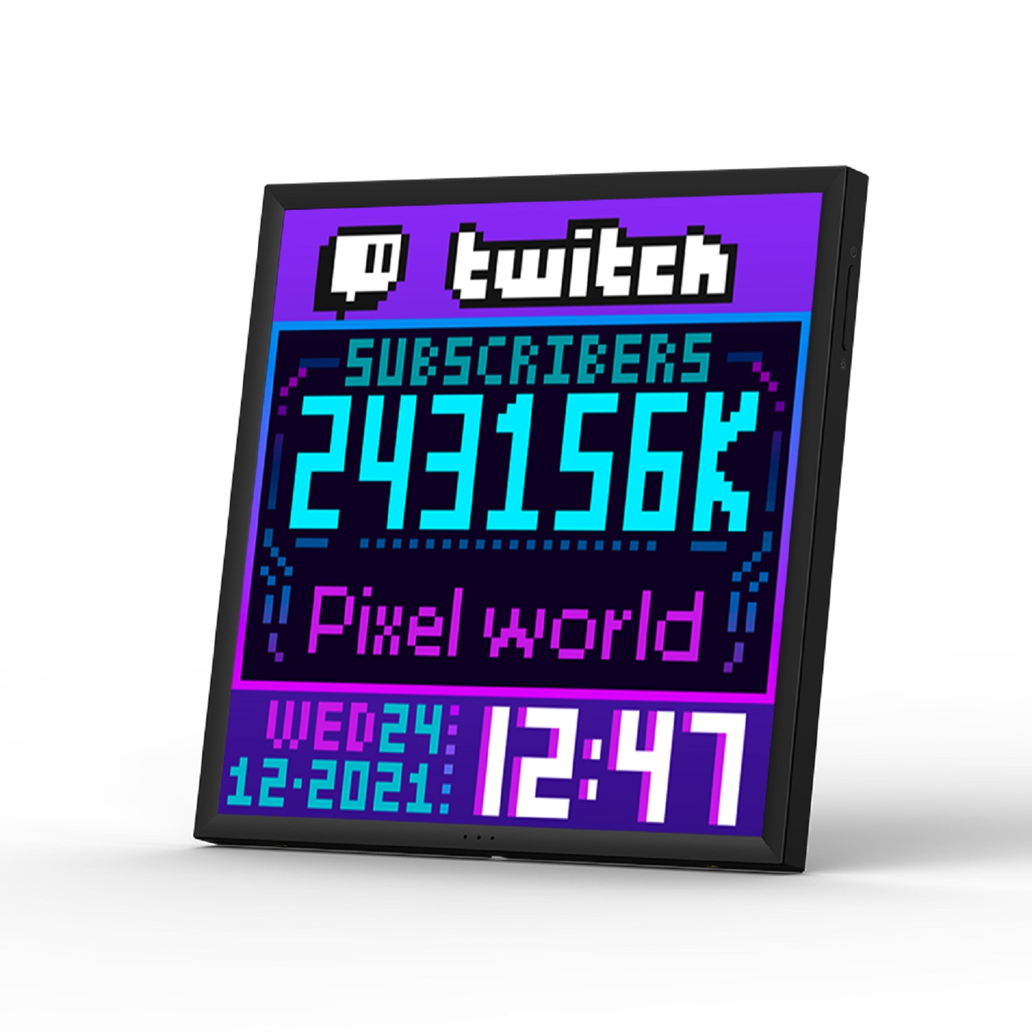 Twitch abonelerini ve zamanı gösteren dijital bir ekran.