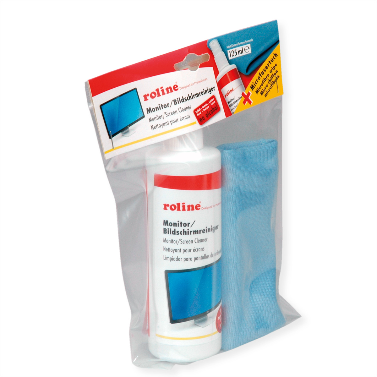 Zestaw do czyszczenia monitora: butelka, spray i ściereczka z mikrofibry w torbie.