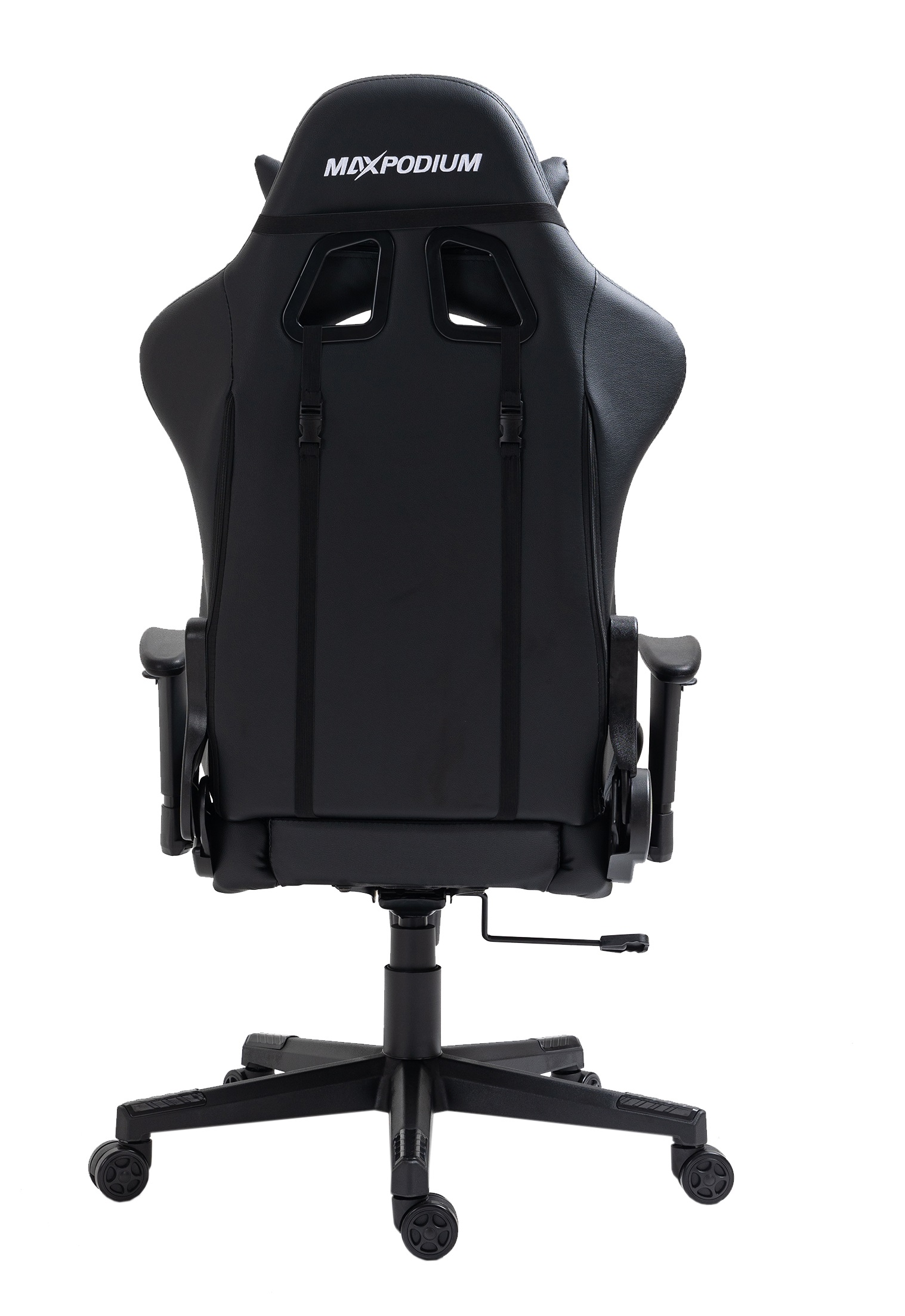 Schwarzer Gaming-Stuhl von hinten gesehen, mit Kopfstütze und Rädern.