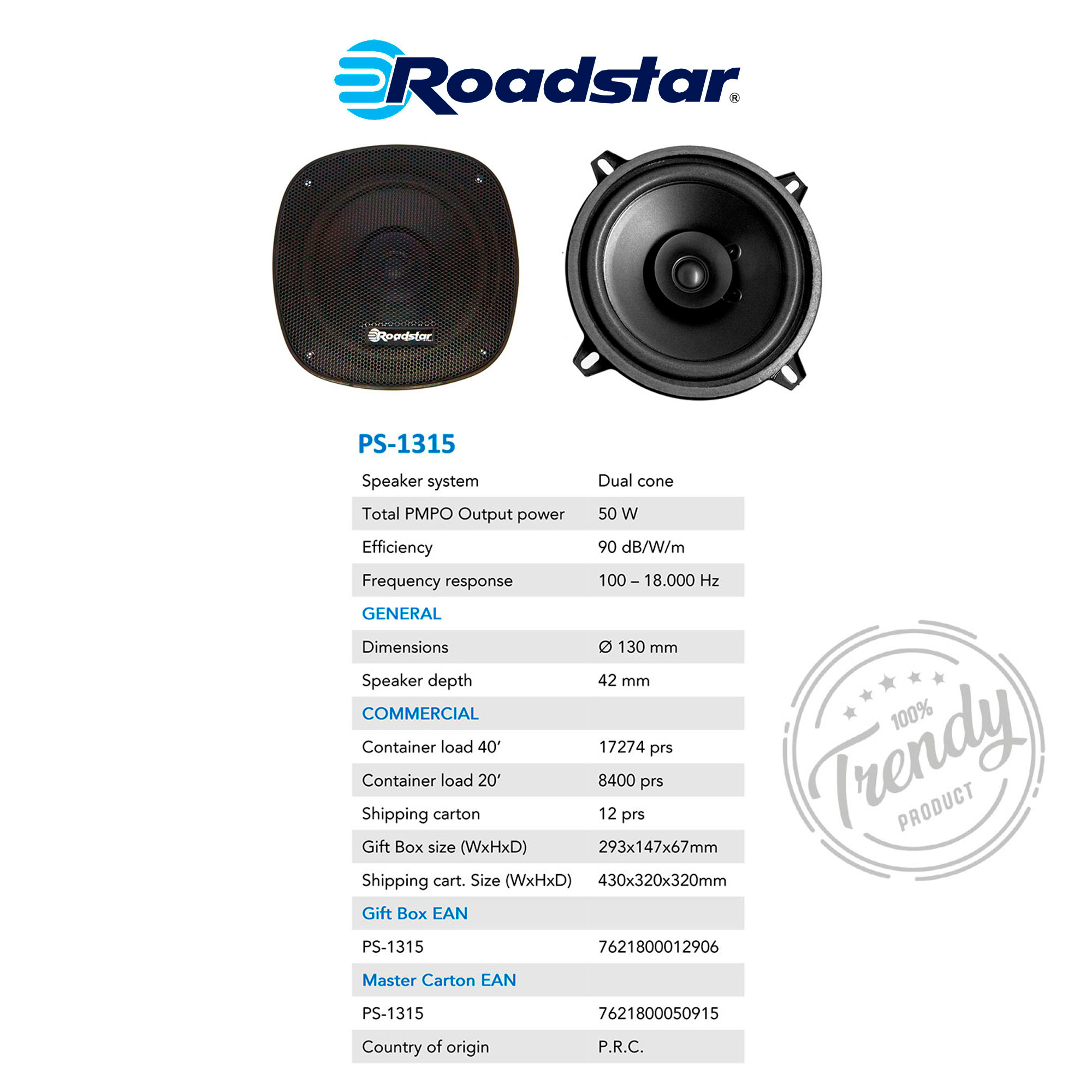 Diagrama técnico de un altavoz Roadstar, mostrando detalles y especificaciones.