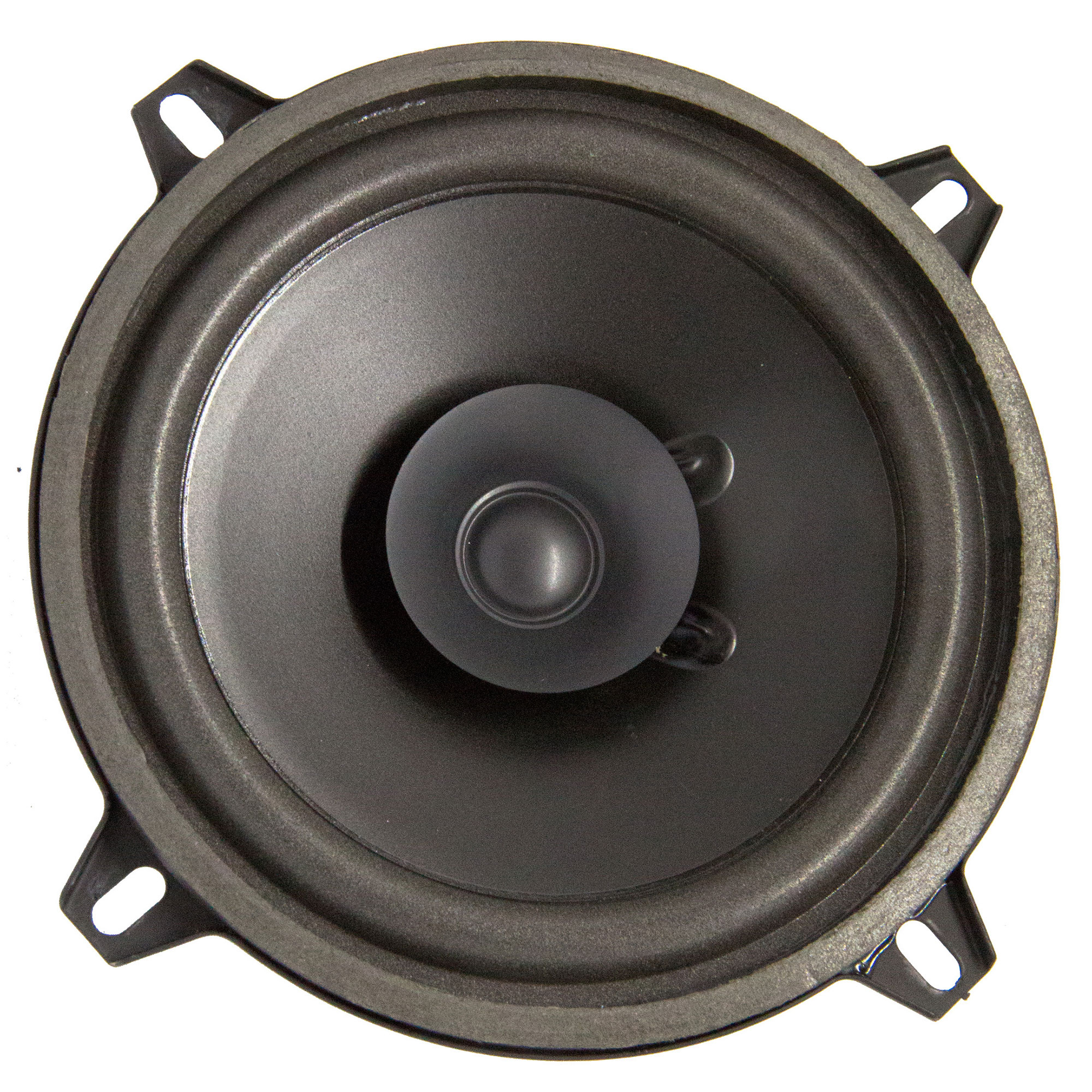 Primer plano de un altavoz de coche negro sobre fondo blanco.