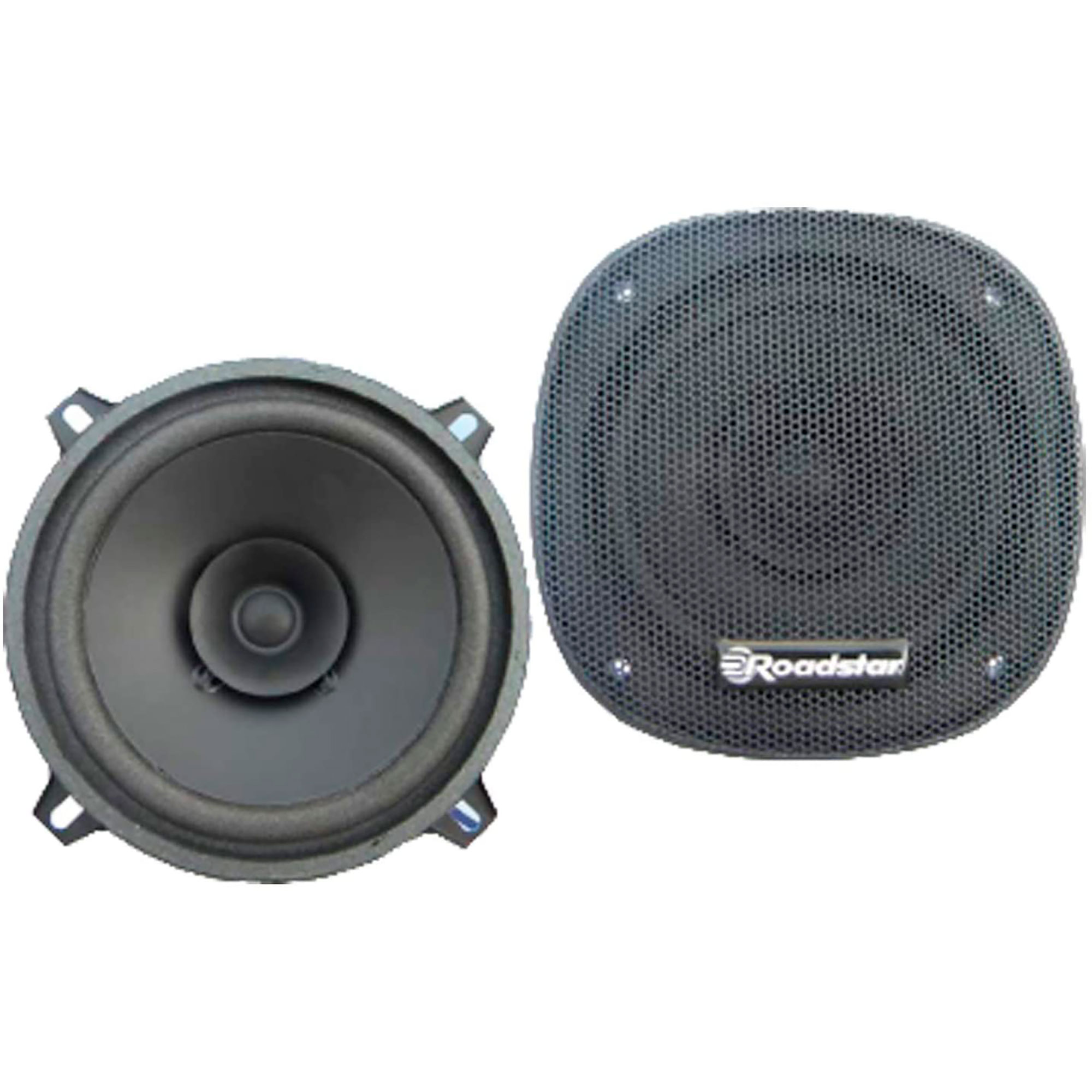 Un altavoz de coche negro con un altavoz redondo y una cubierta sobre fondo blanco.