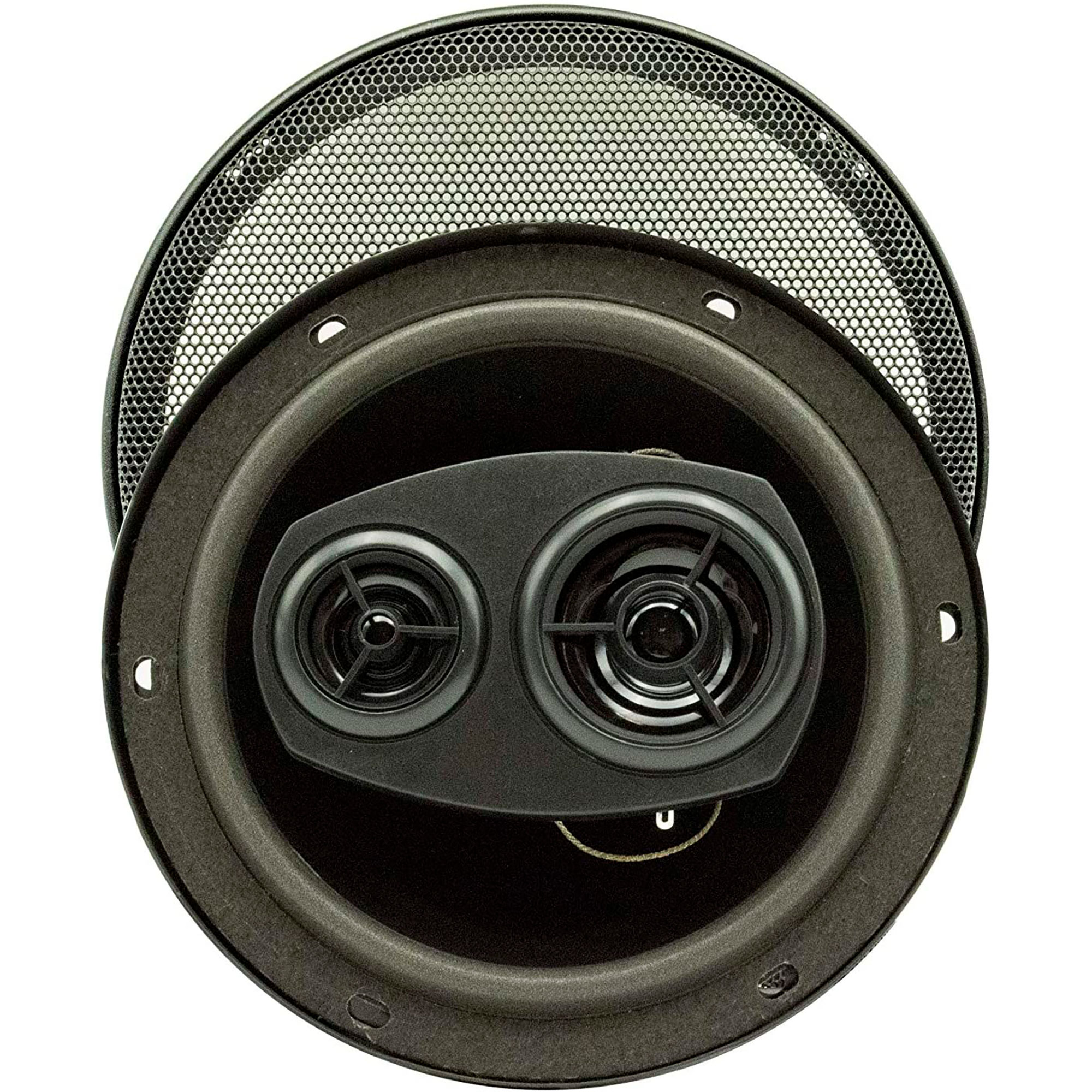 Altavoz de coche con dos altavoces pequeños. El altavoz es negro y tiene una cubierta de malla.