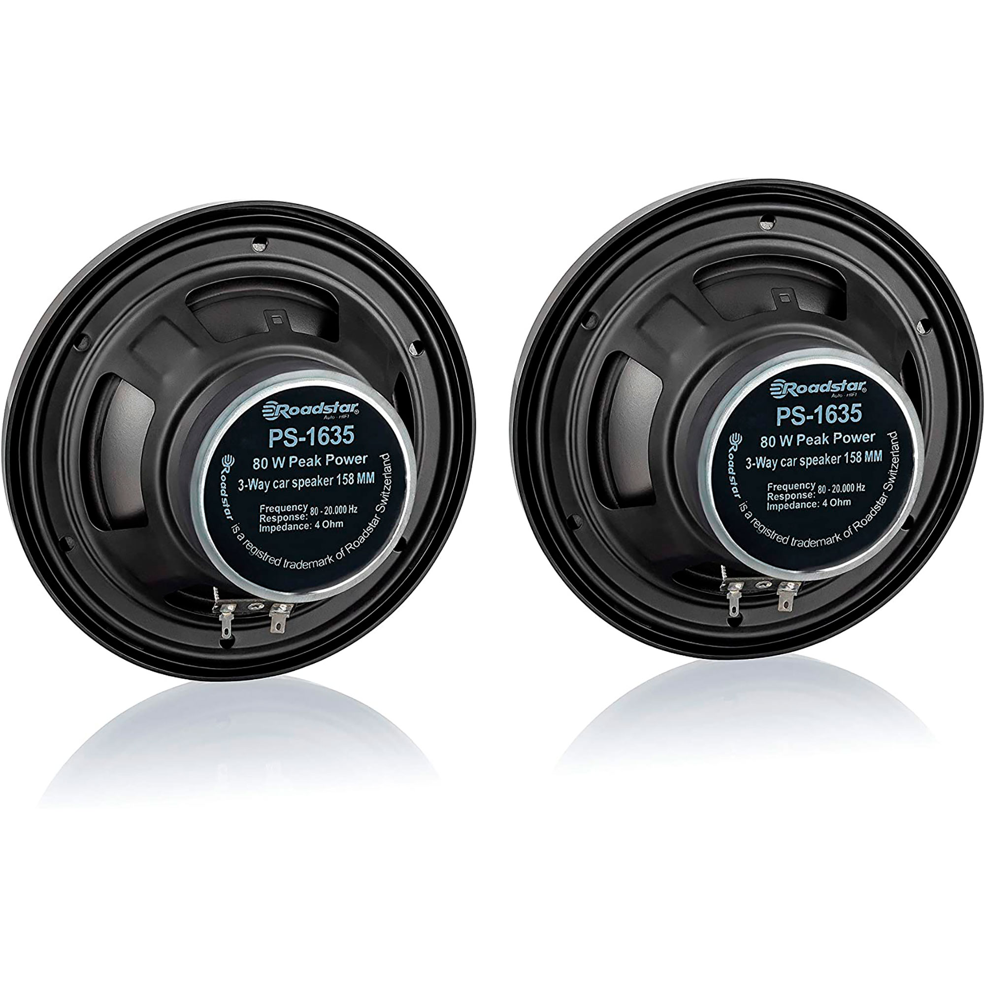 Dos altavoces para coche negros, etiquetados como 'Roadstar PS-1635', con especificaciones sobre un fondo blanco.