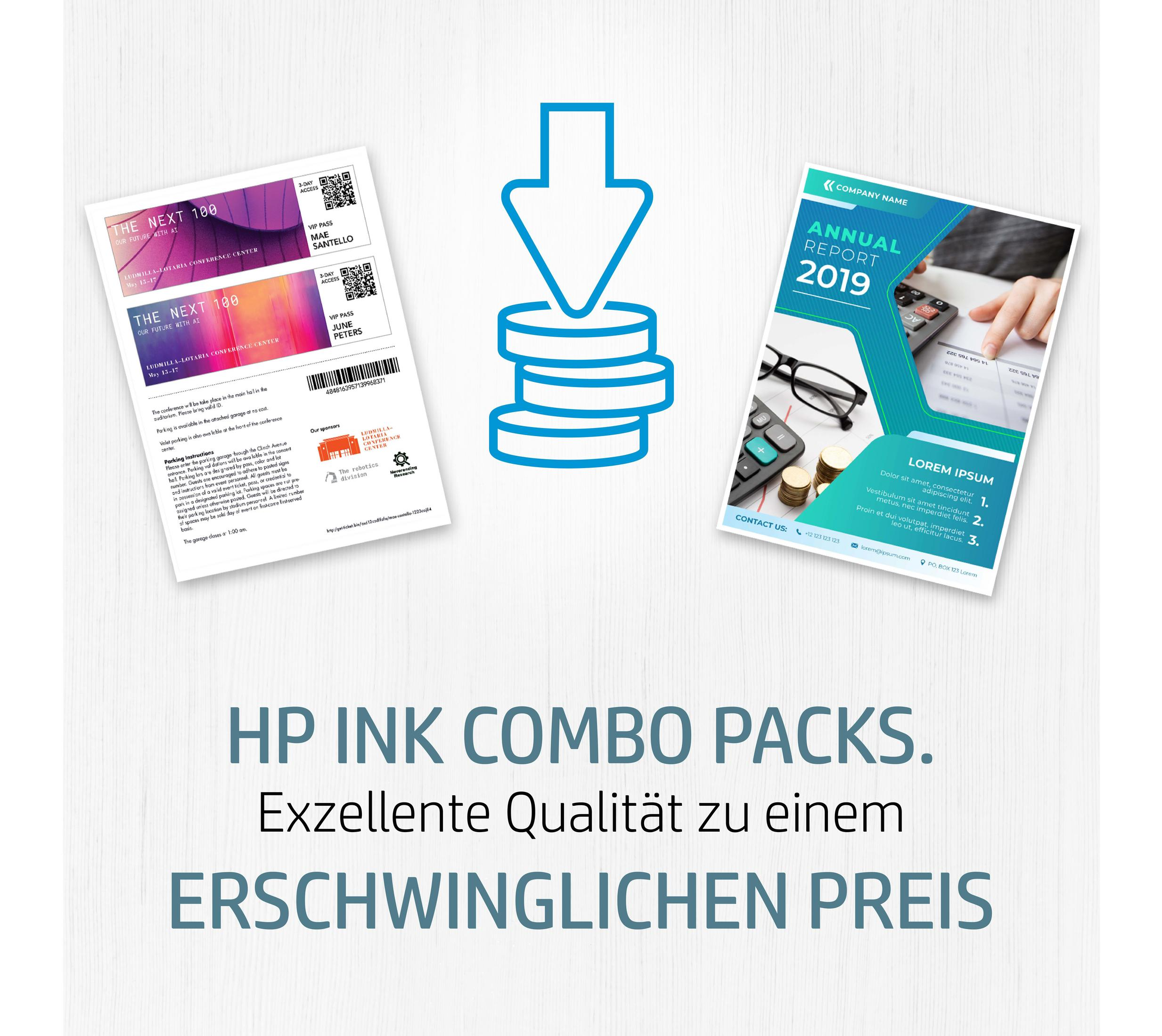 Dwa wydrukowane dokumenty i niebieska strzałka w dół. Tekst: HP Ink Combo Packs. Exzellente Qualität zu einem.