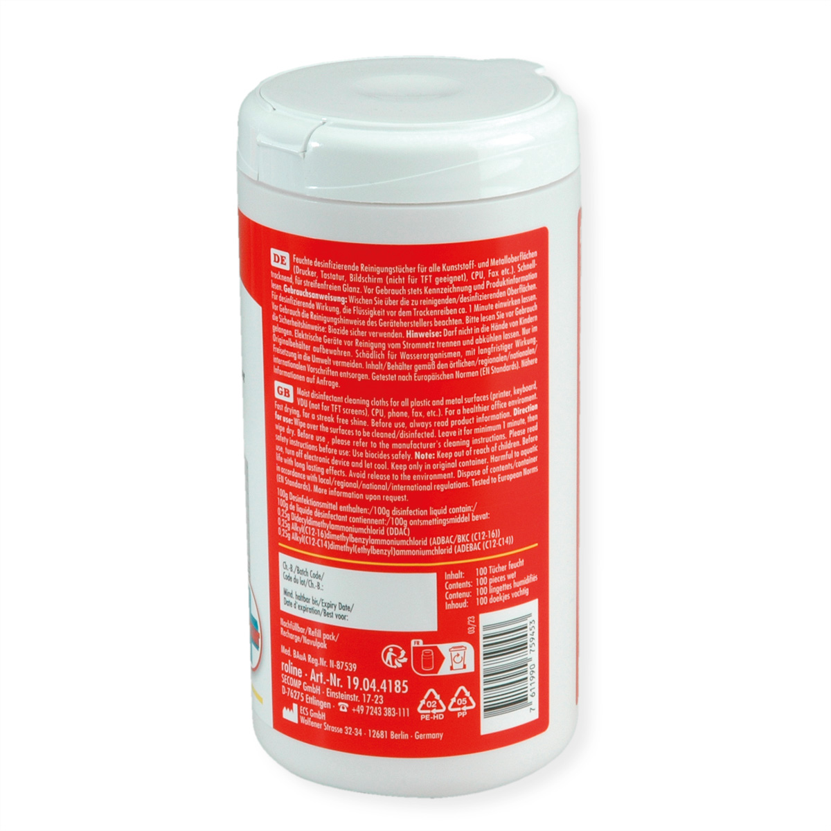 Biały pojemnik chusteczek czyszczących z tekstem w wielu językach. Wymieniono składniki i instrukcje.