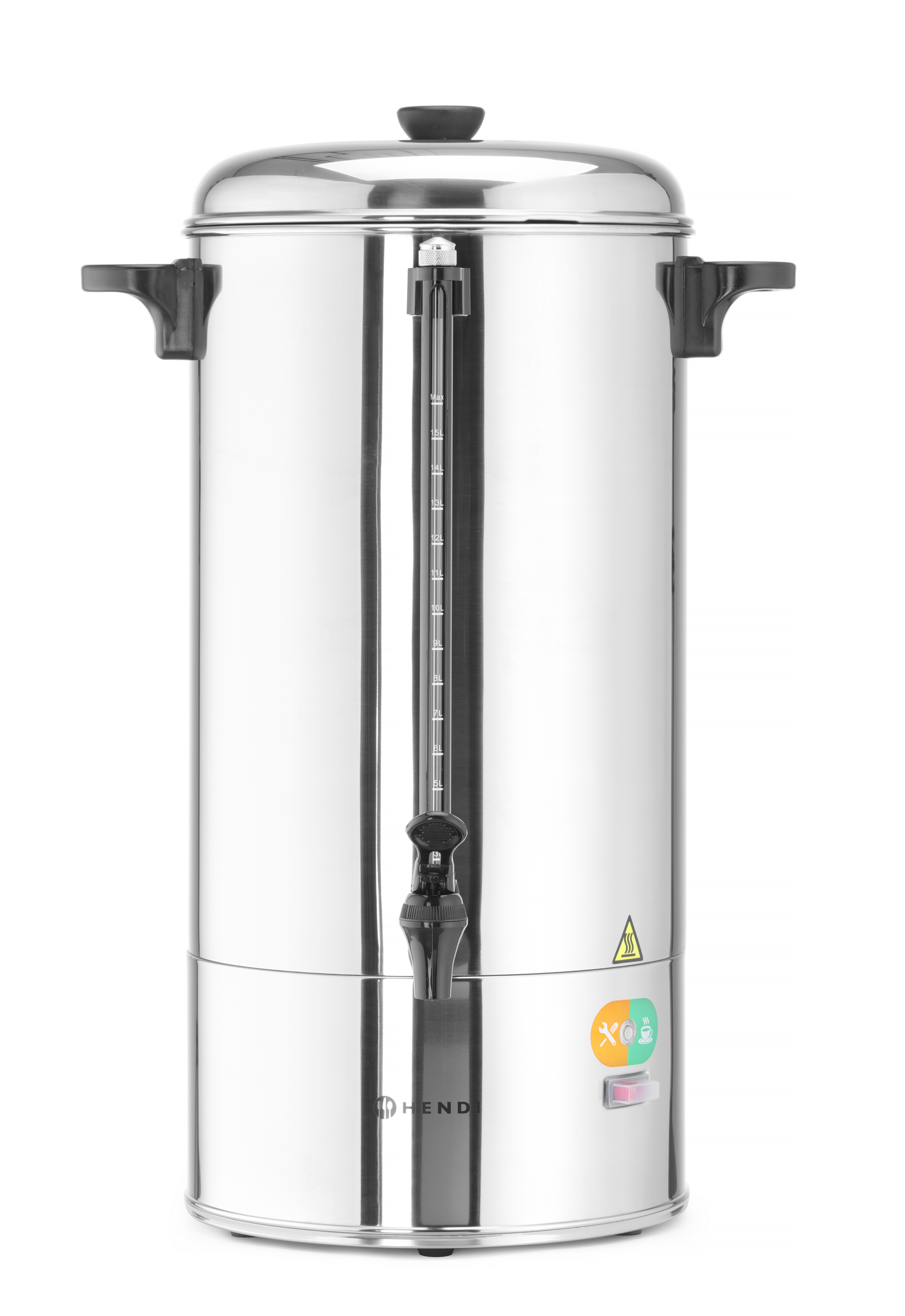 Una caffettiera in acciaio inox con coperchio, rubinetto e un indicatore di alimentazione verde e arancione.