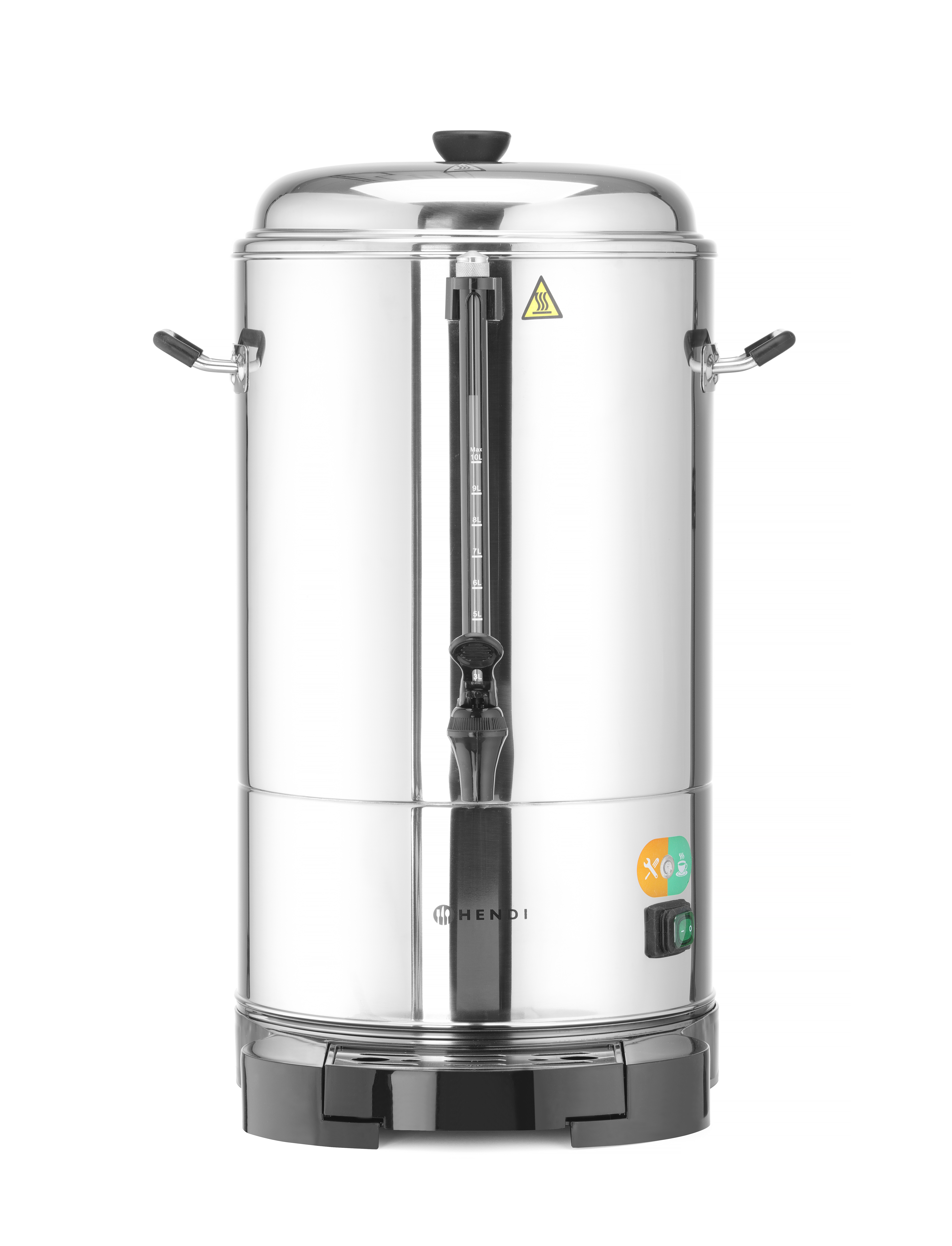 Caffettiera in acciaio inossidabile. Ha manici, un rubinetto, un indicatore del livello dell'acqua e un interruttore. Segnale di avvertimento calore.