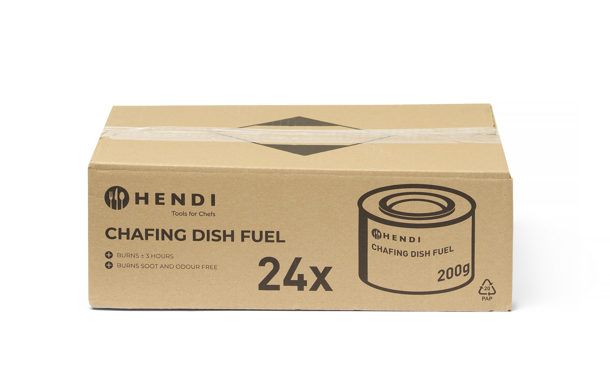 Scatola di cartone con testo, contenente combustibile per scaldavivande, con etichetta 24x200g su sfondo bianco.