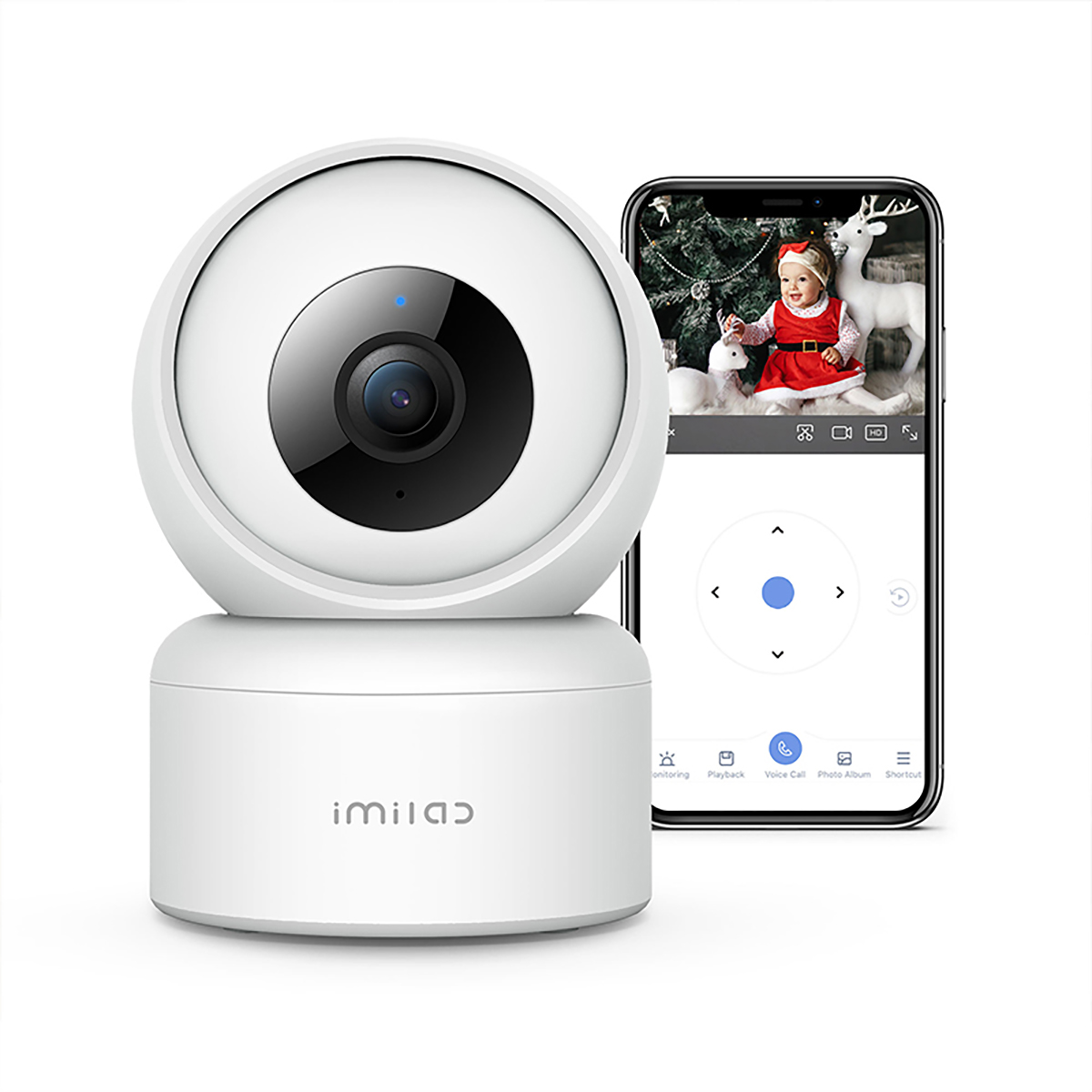 Weiße Überwachungskamera mit Smartphone, das Live-Feed eines Babys zeigt.