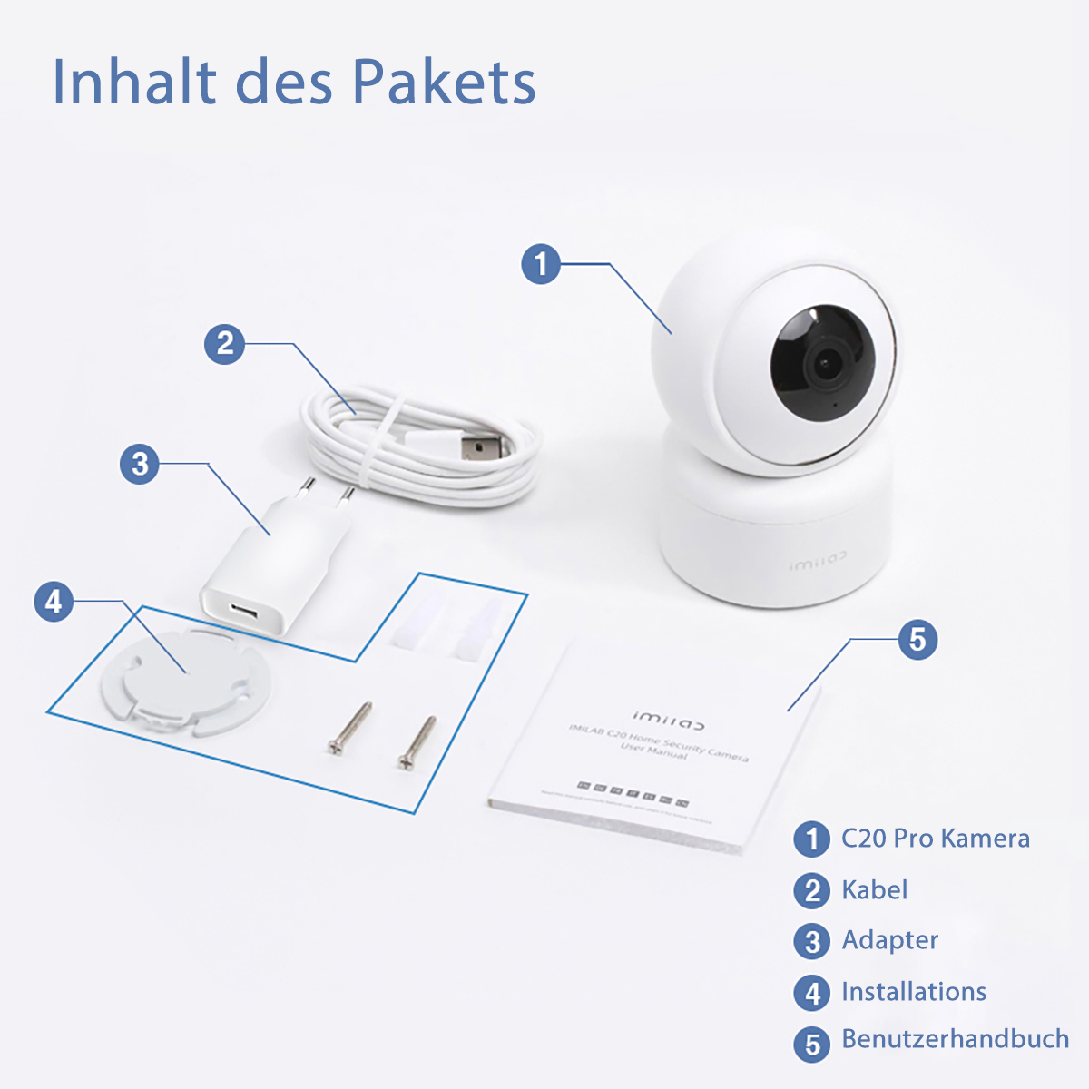 Das Bild zeigt eine Sicherheitskamera, ein Kabel, einen Adapter, Installationen und eine Bedienungsanleitung.