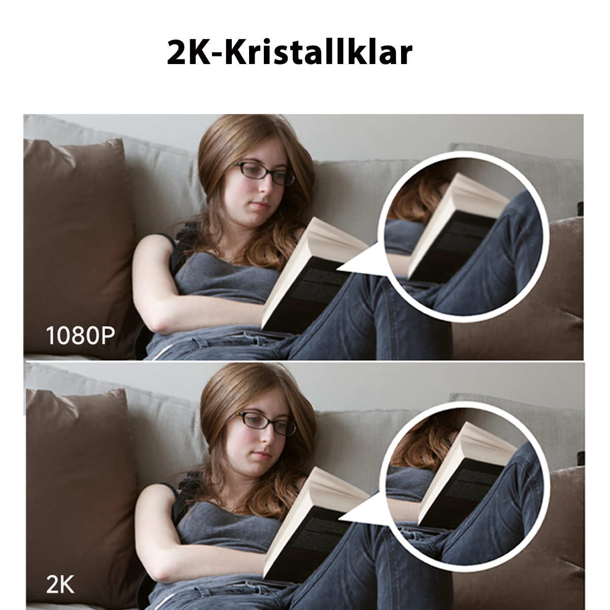 Ein Mädchen mit Brille liest ein Buch, mit einem vergrößerten Ausschnitt, der die Klarheit zeigt.