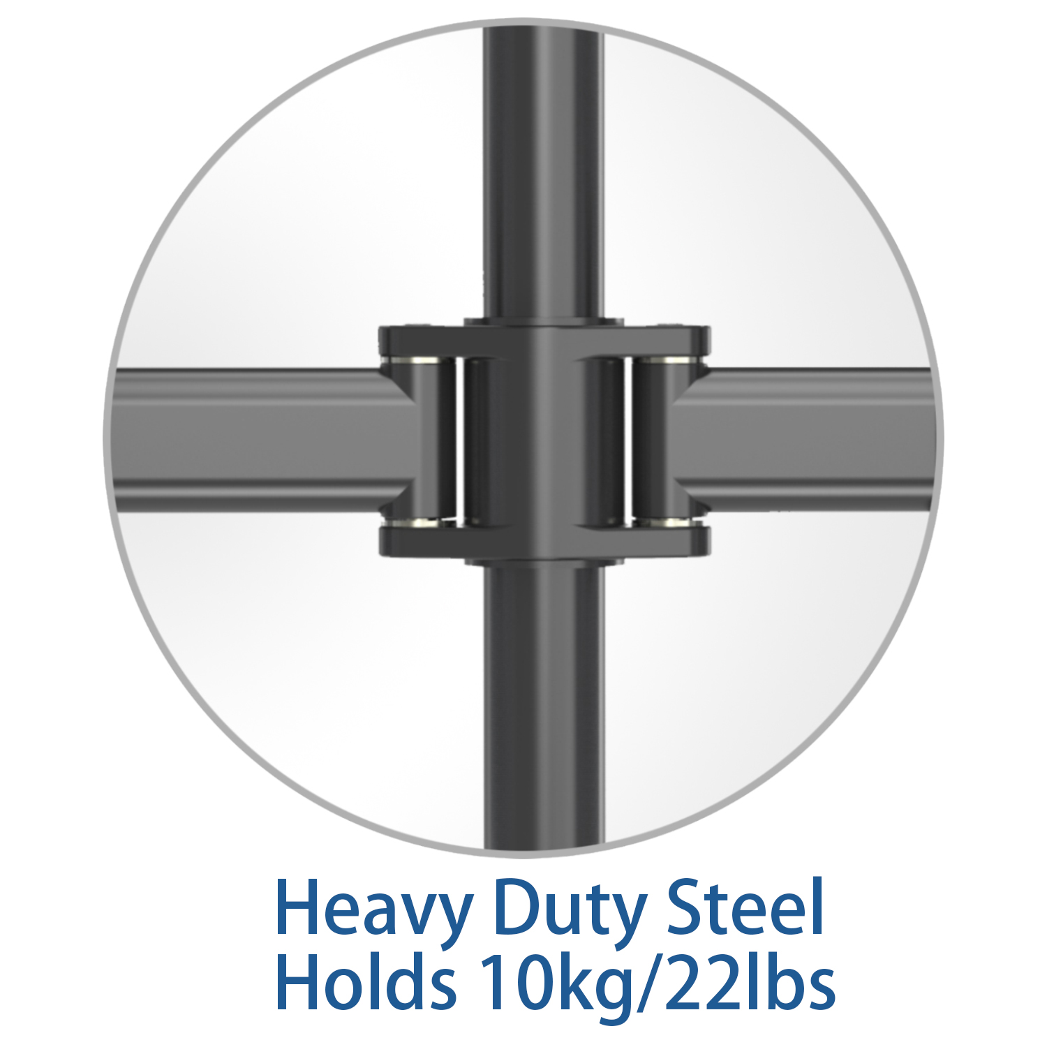 Nahaufnahme eines Metallgelenks mit Schrauben. Text gibt an, dass es 10 kg/22 lbs hält und robust ist.