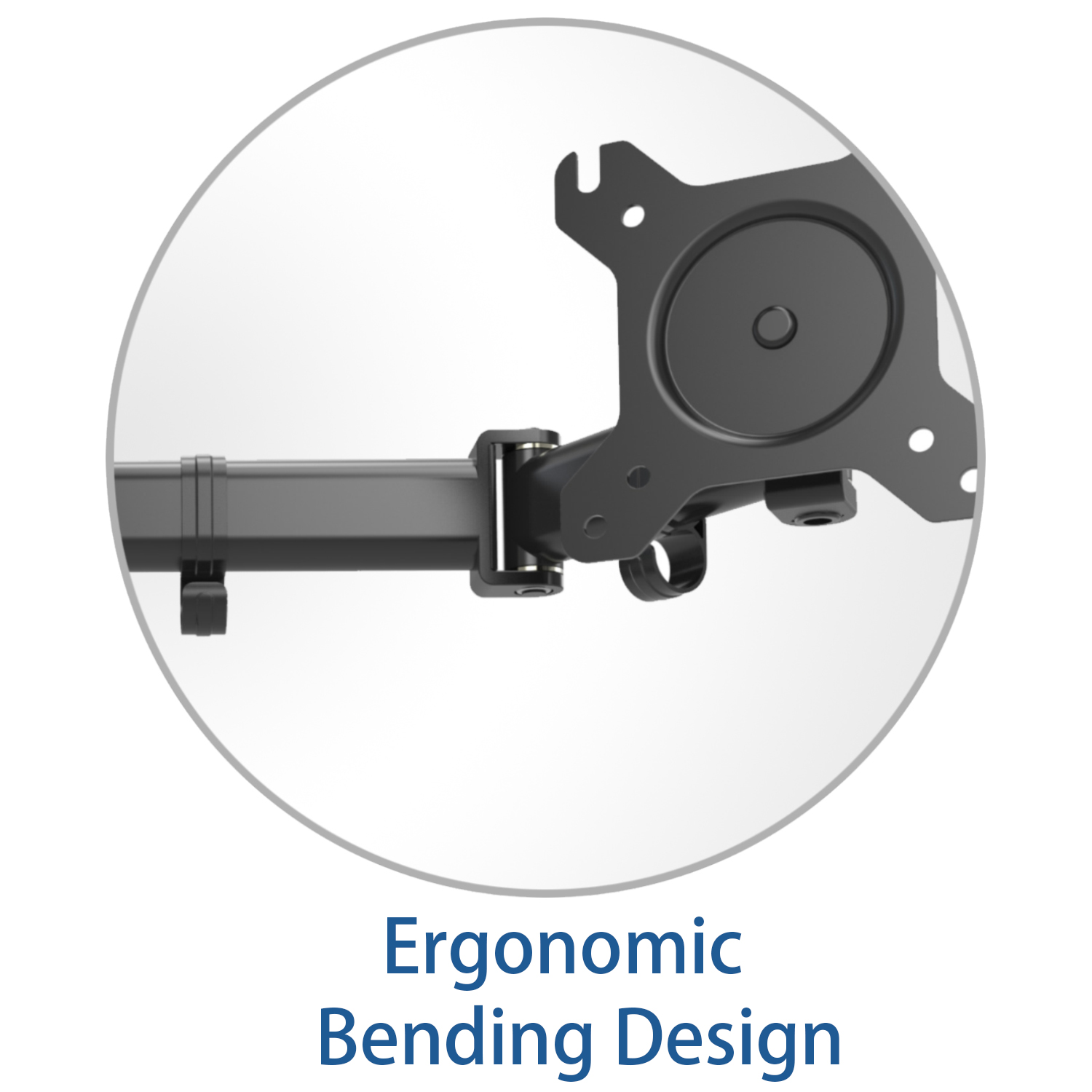 Nahaufnahme eines Monitorarms, schwarz mit ergonomischem Biegedesign, Kreis Hintergrund.