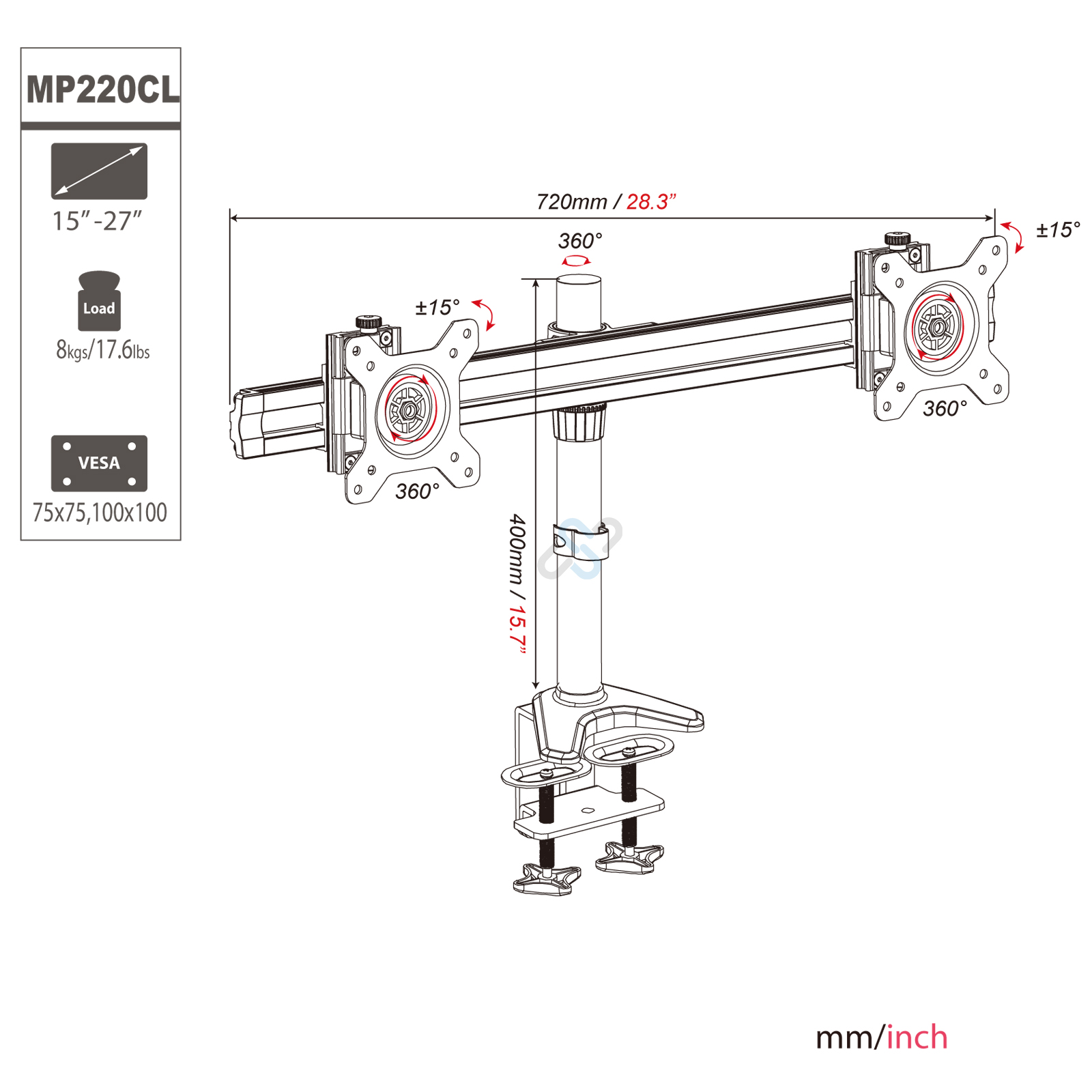 Diagramm eines Monitorarms, das Abmessungen, Einstellwinkel und VESA-Halterungskompatibilität zeigt.