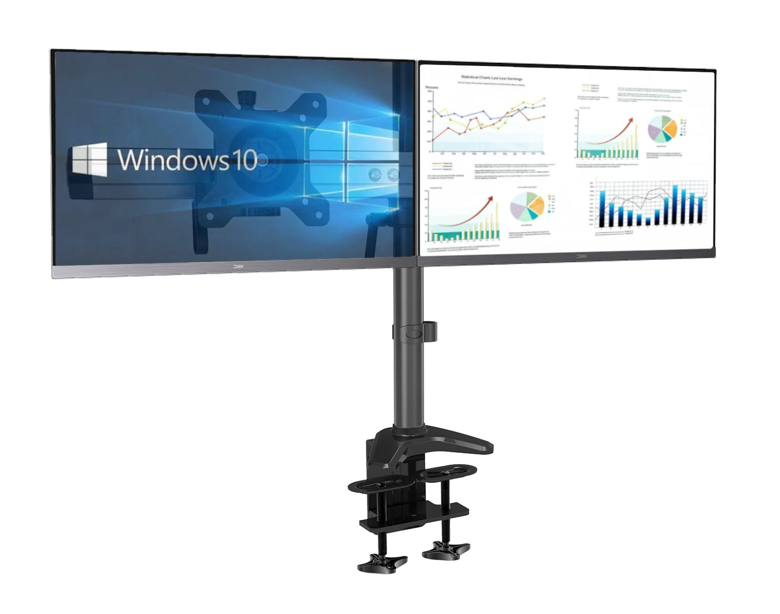 Zwei Computermonitore auf einem Ständer, die Windows 10 und Diagramme zeigen, weißer Hintergrund.