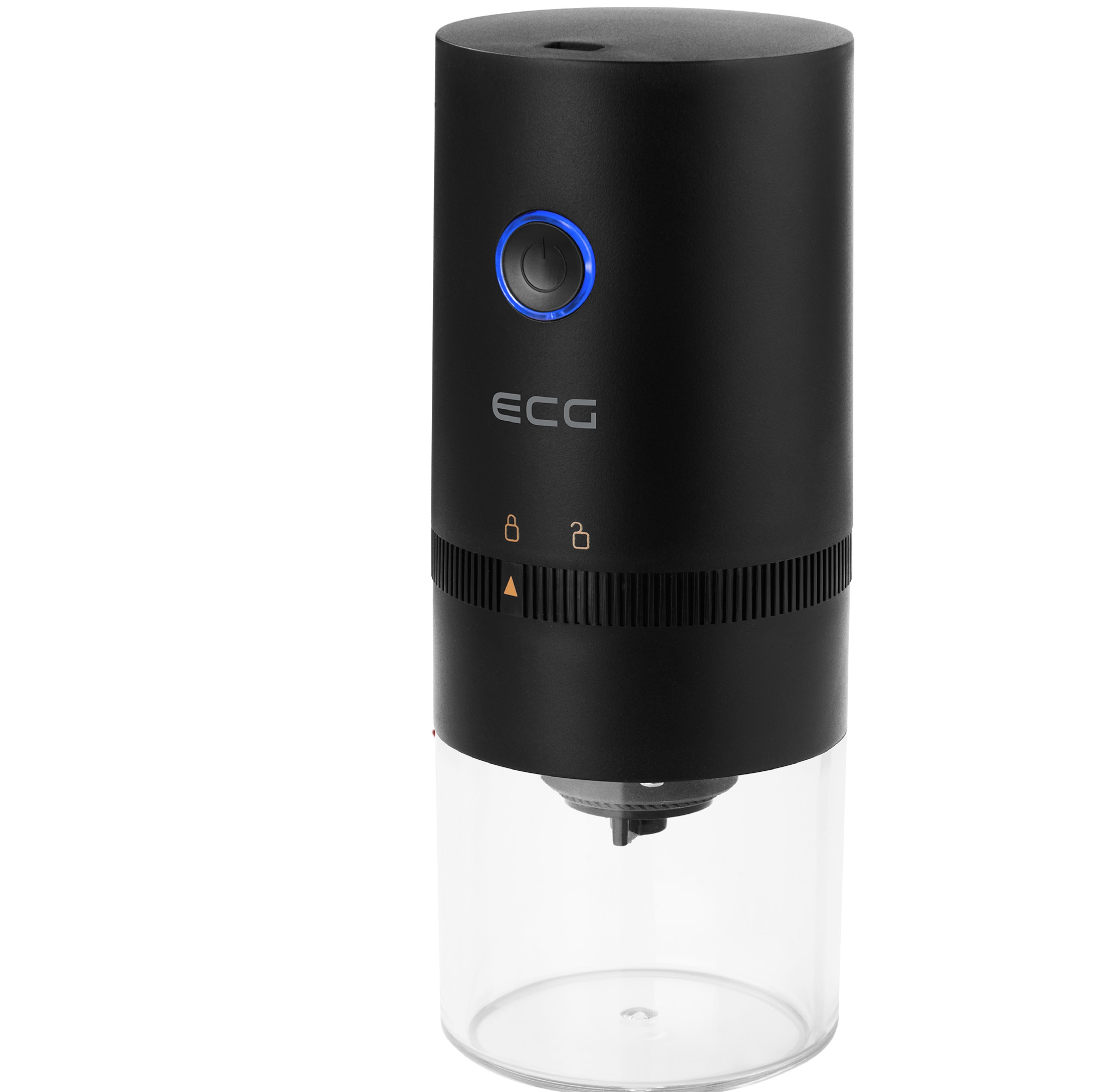 Czarny młynek do kawy z przezroczystym dnem. Niebieski przycisk zasilania. Logo ECG na urządzeniu.