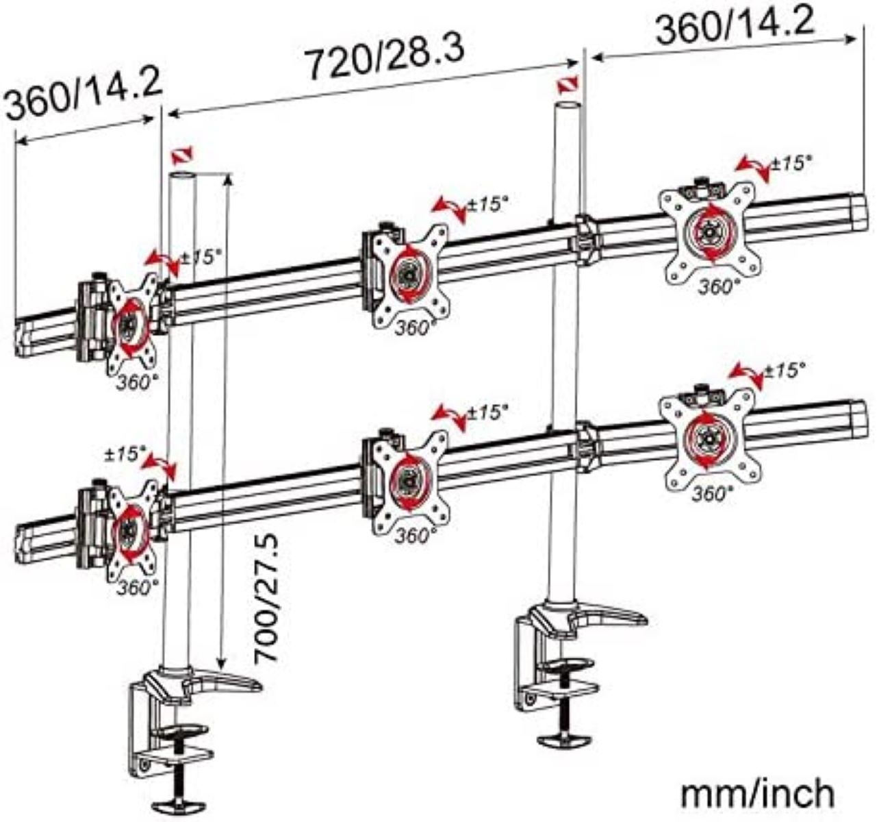 Technische Zeichnung eines Doppelmonitorständers mit Maßen in mm/Zoll und Pfeilen für Anpassungen.