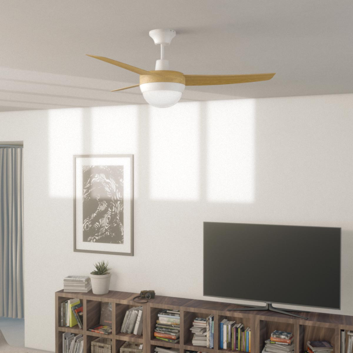 Ventilador de techo con aspas de madera, una lámpara blanca y un fondo de sala de estar moderno con TV.