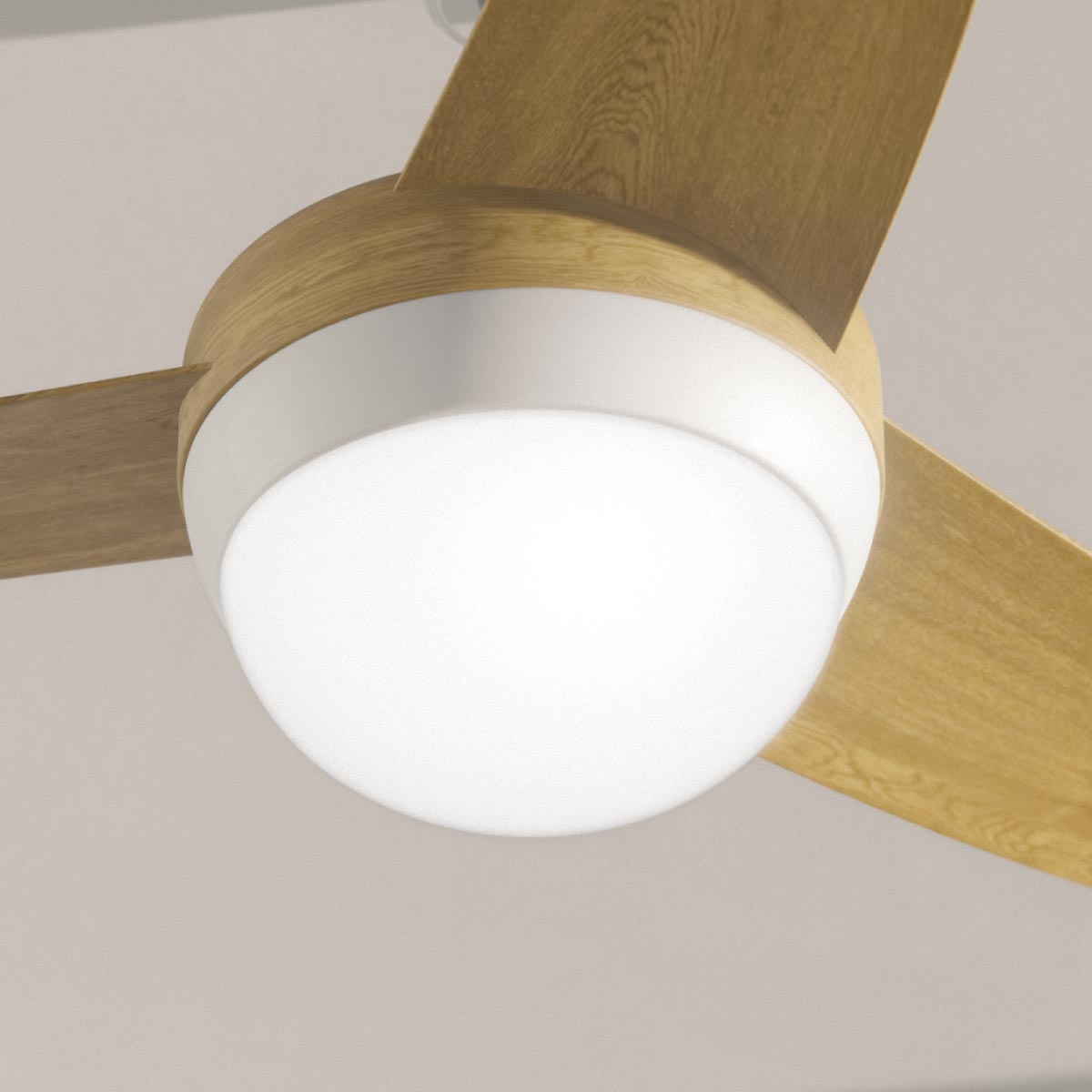 Ventilador de techo con aspas de madera y lámpara blanca.