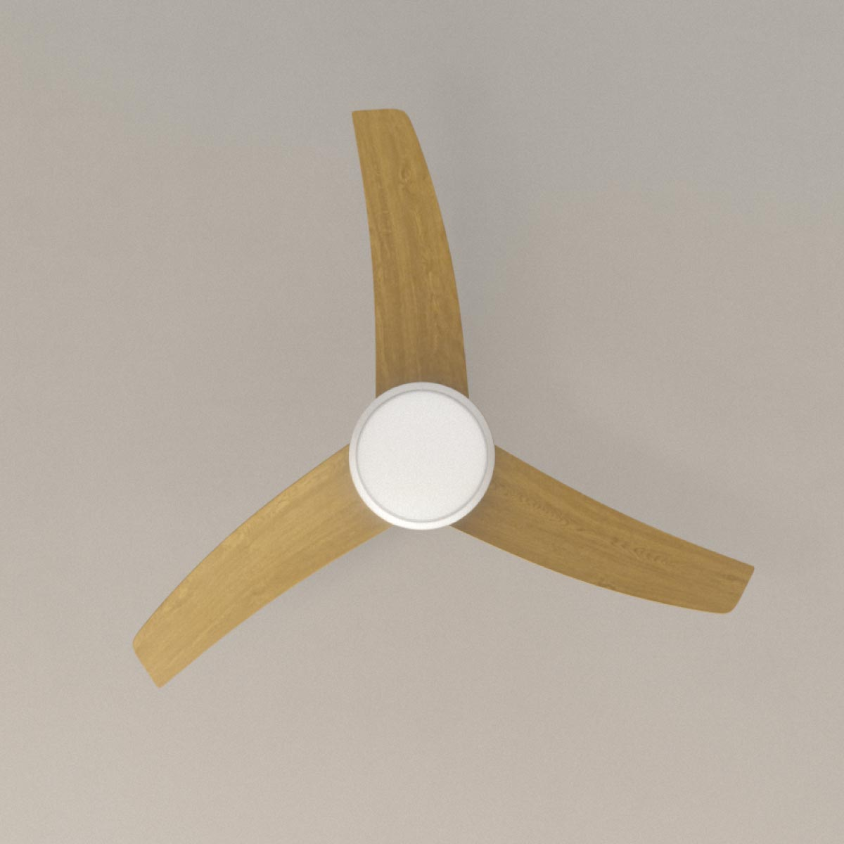 Ventilador de techo con tres aspas de madera y un centro blanco. El ventilador se ve desde abajo.