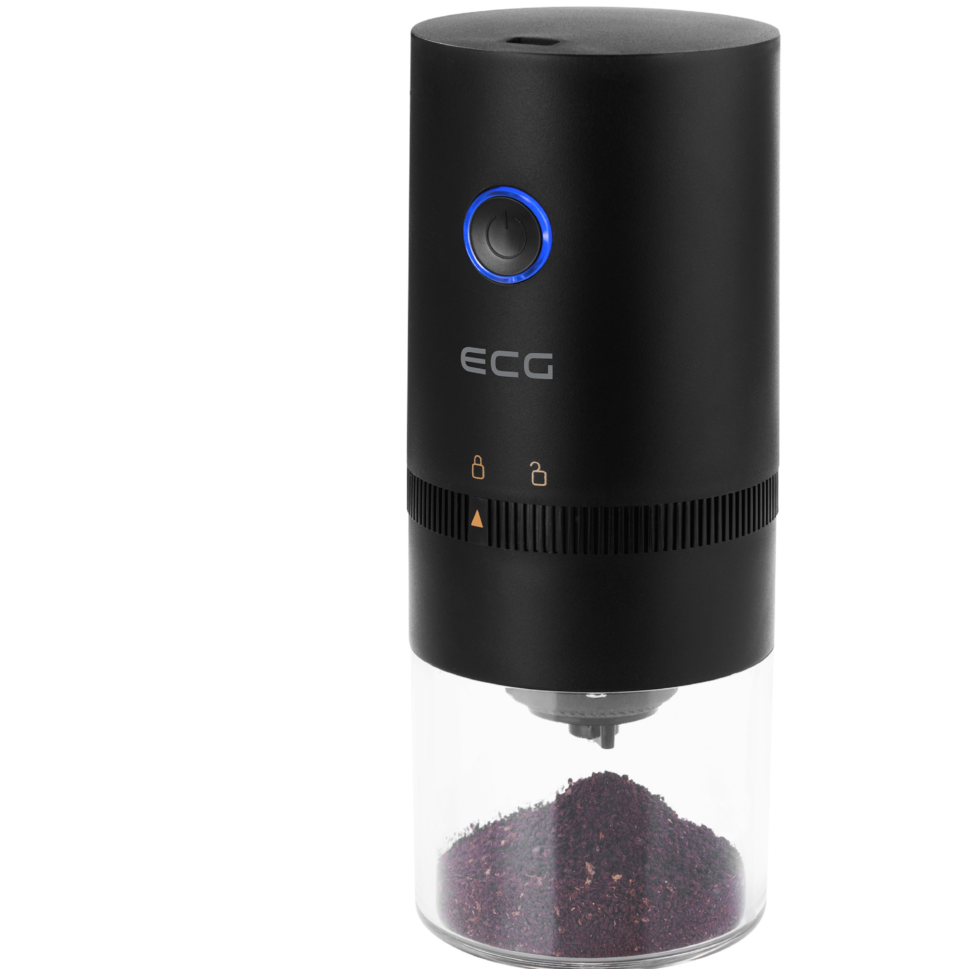 Czarny elektryczny młynek do kawy ze szklanym pojemnikiem, niebieskim przyciskiem i napisem ECG.