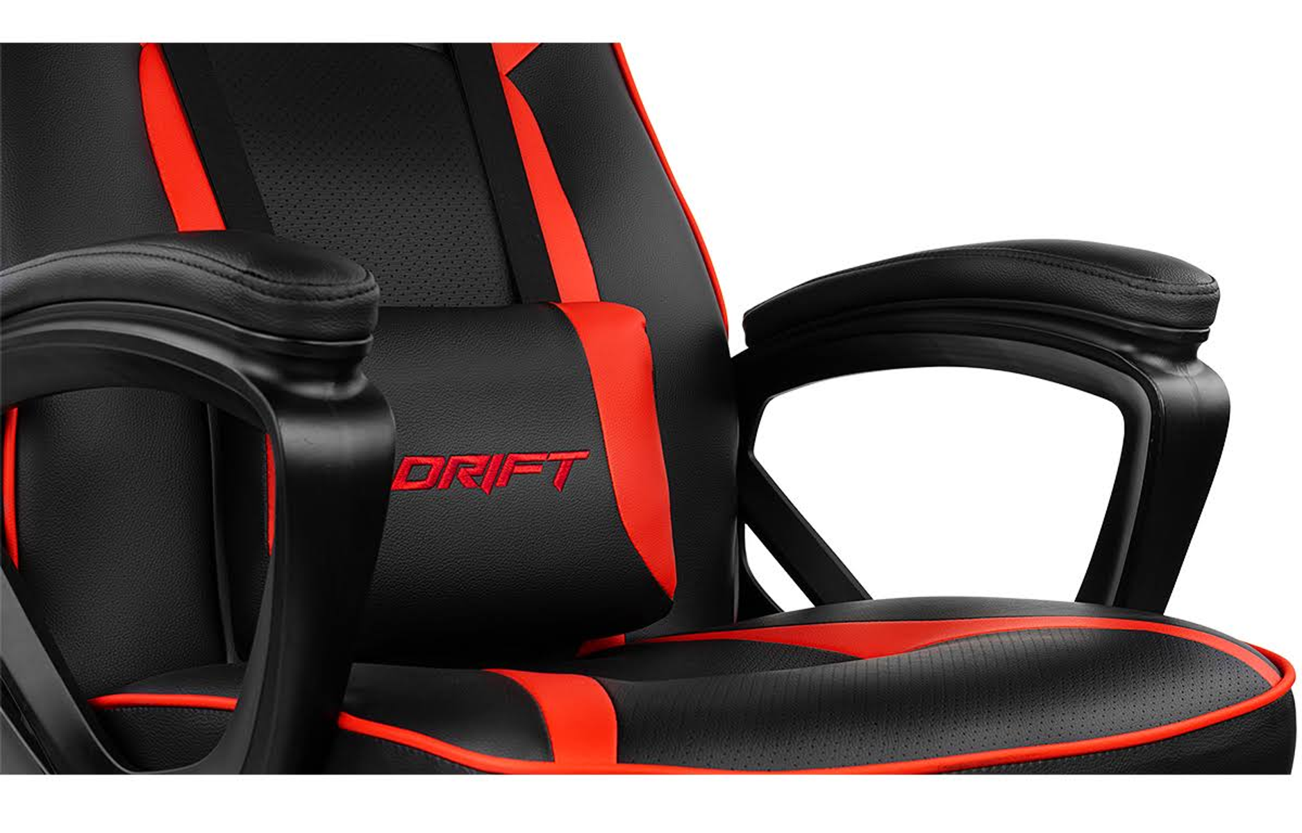 Primer plano de una silla gamer negra y roja con la palabra 'DRIFT' en el reposacabezas.