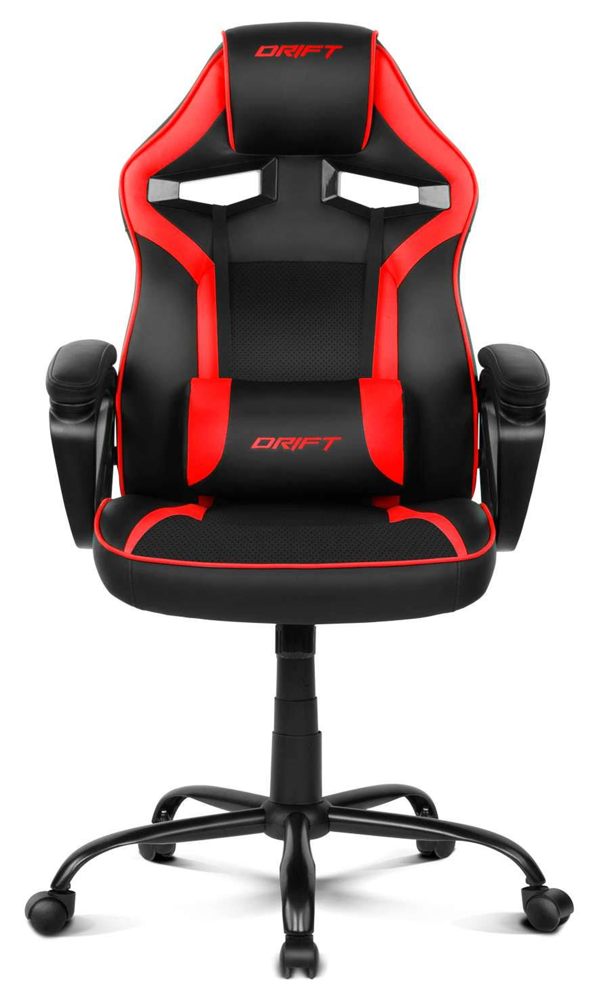 Silla gaming negra y roja con el logo DRiFT, sobre ruedas.