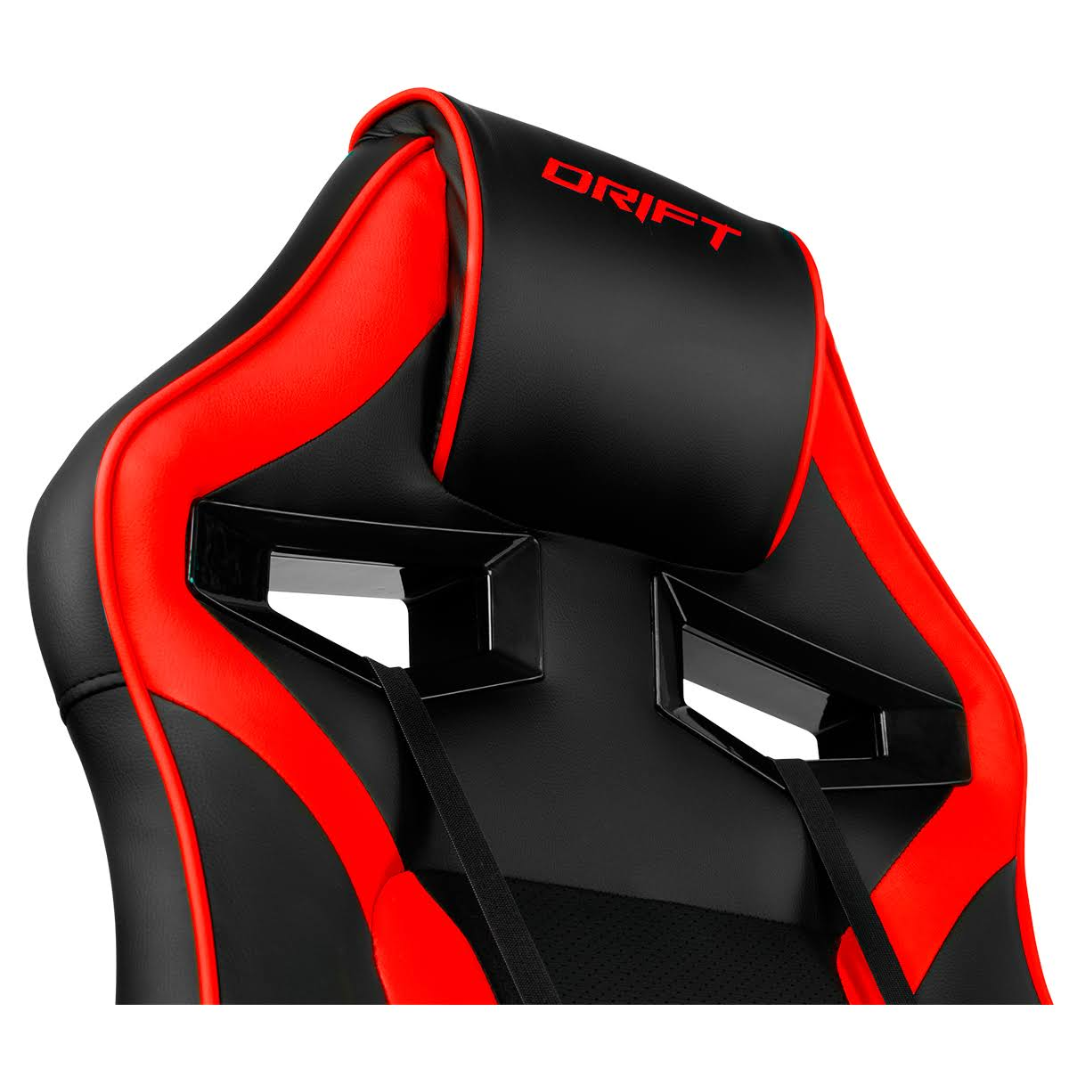 Primer plano de una silla gaming negra y roja con la palabra DRIFT en el reposacabezas.