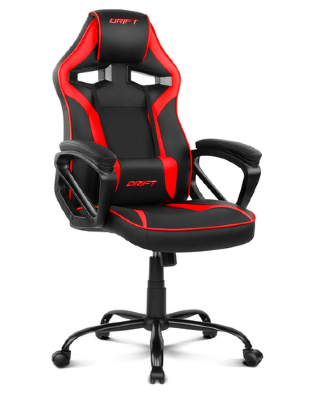 Silla gaming en negro y rojo. Presenta detalles rojos, base negra y la palabra DRIFT.