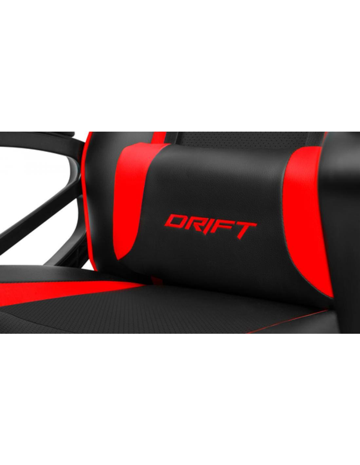 Schwarzer und roter Gaming-Stuhl mit DRIFT-Logo auf der Kopfstütze.
