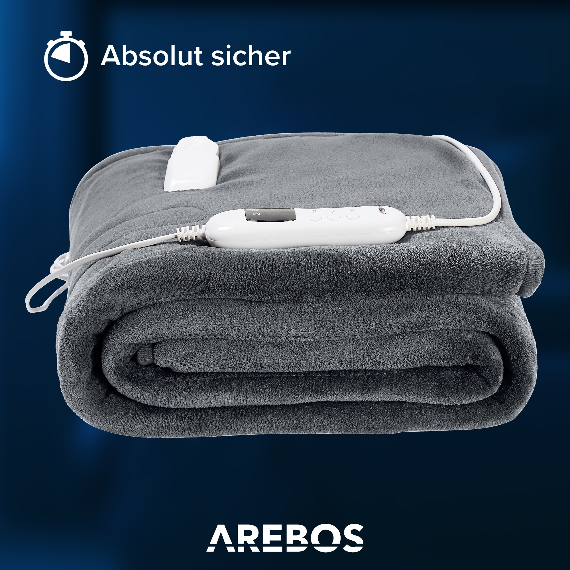 Gerollte graue elektrische Decke mit weißem Regler, vor dunkelblauem Hintergrund. Text: 'Absolut sicher'.