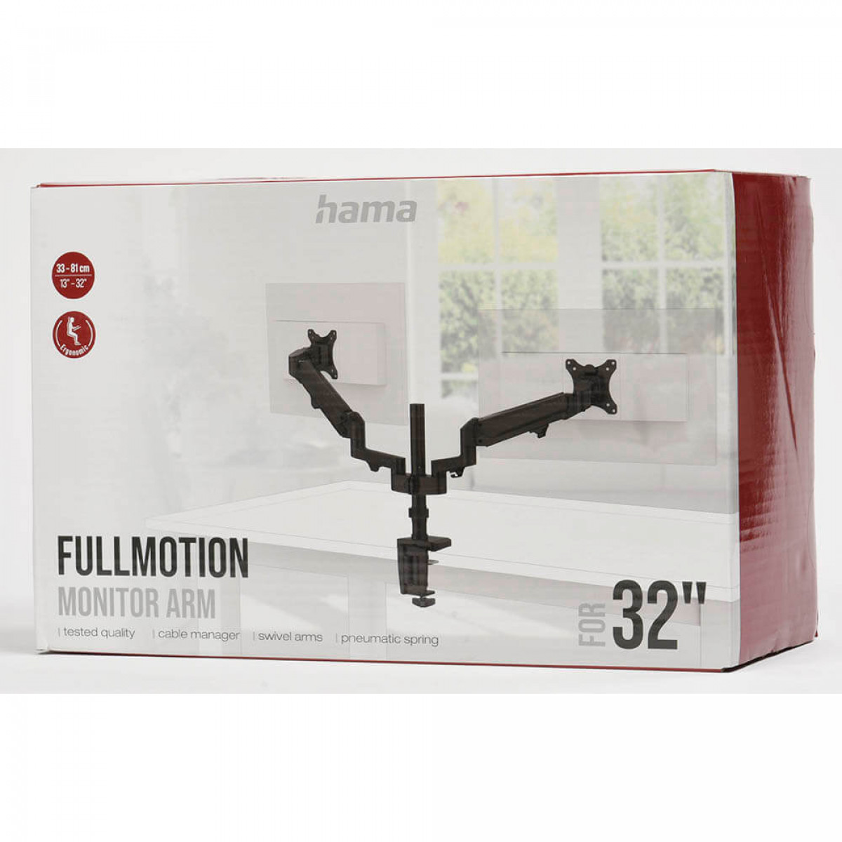 Monitorarm in einer Box, die einen Monitorarm zeigt, mit Text: Fullmotion Monitorarm.