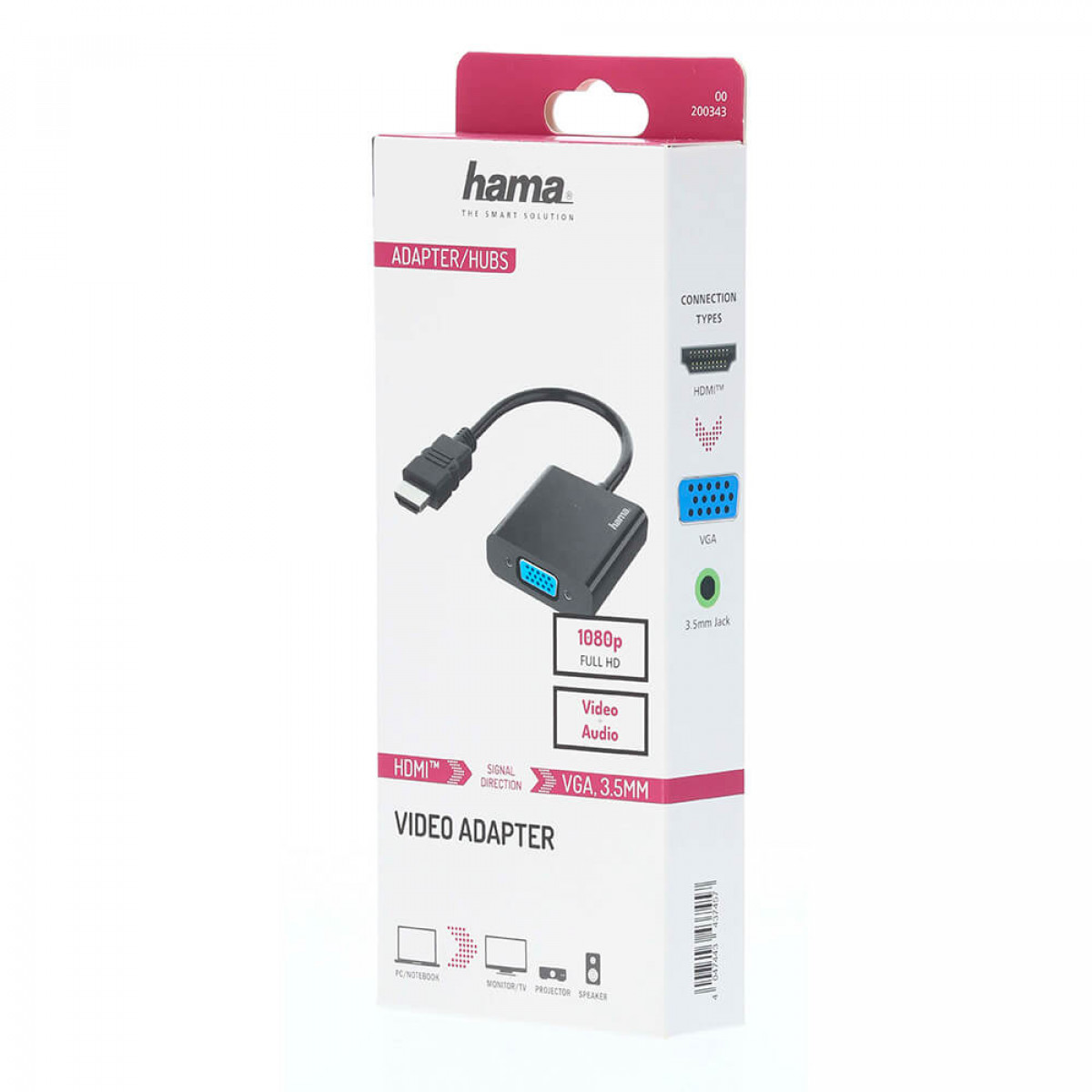 Adapterbox. Text: HDMI-zu-VGA-Adapter. Zeigt Anschlüsse, 1080p Full HD. Weißer Hintergrund.