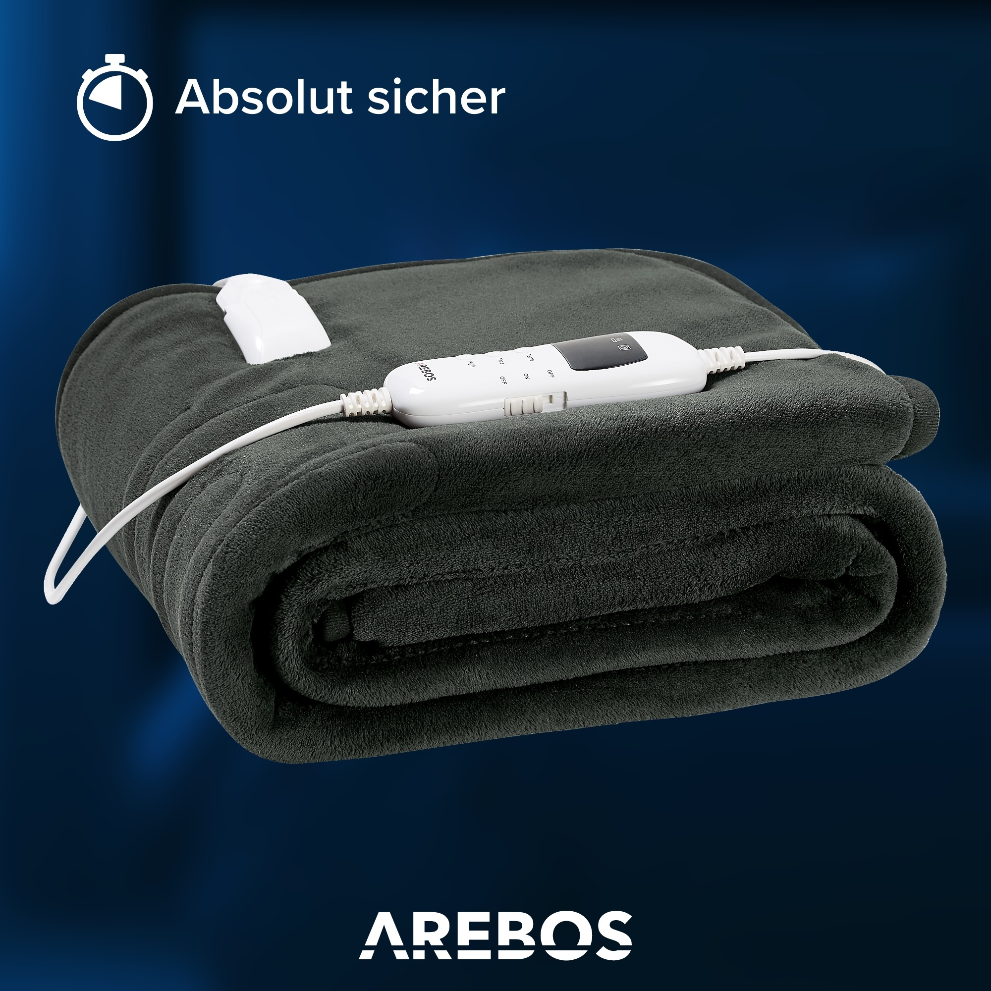 Dunkelgraue elektrische Heizdecke mit weißem Bedienfeld. Text: Absolut sicher. AREBOS-Logo unten.