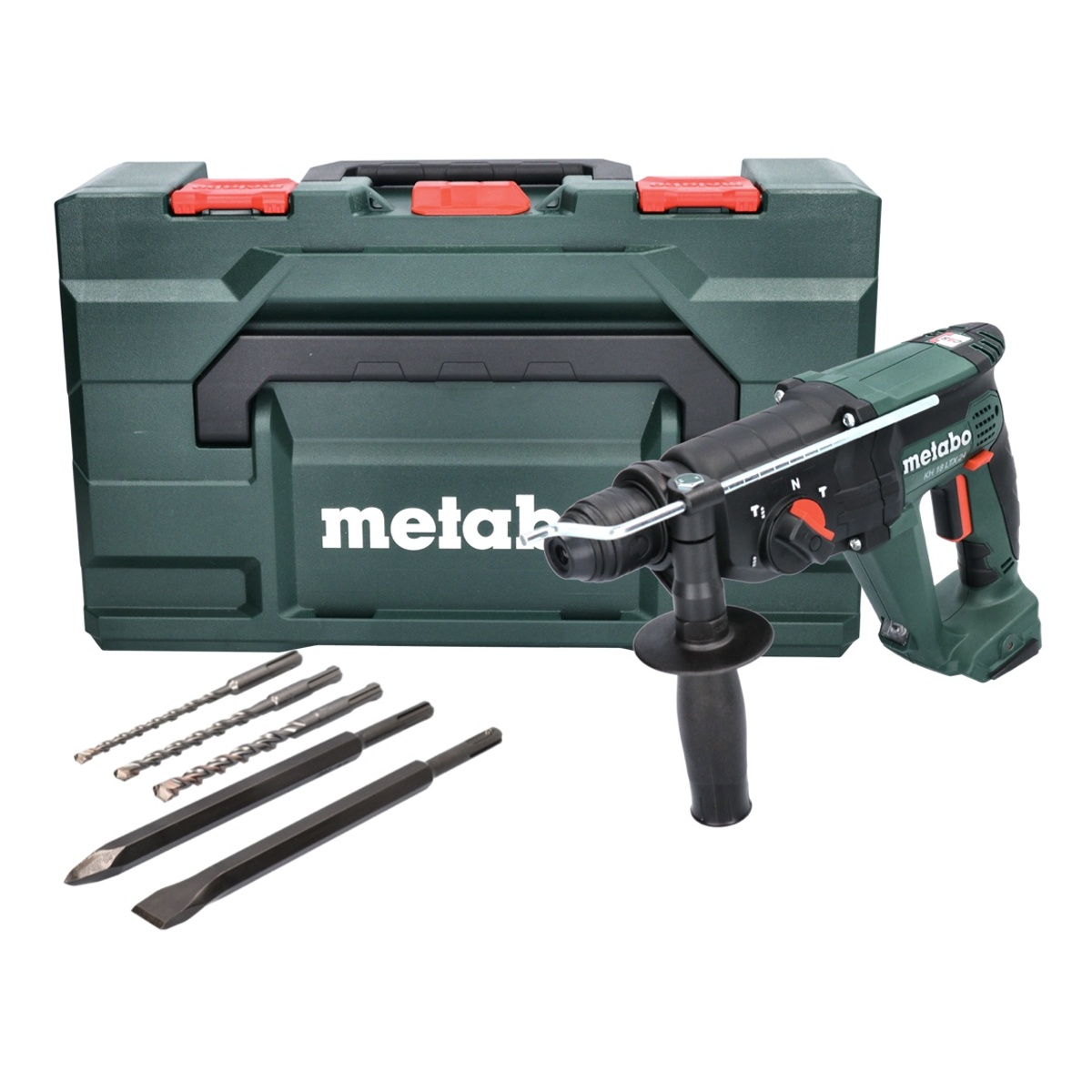 Metabo Bohrmaschine mit grünem Koffer, Bohrer und Meißel liegen daneben.