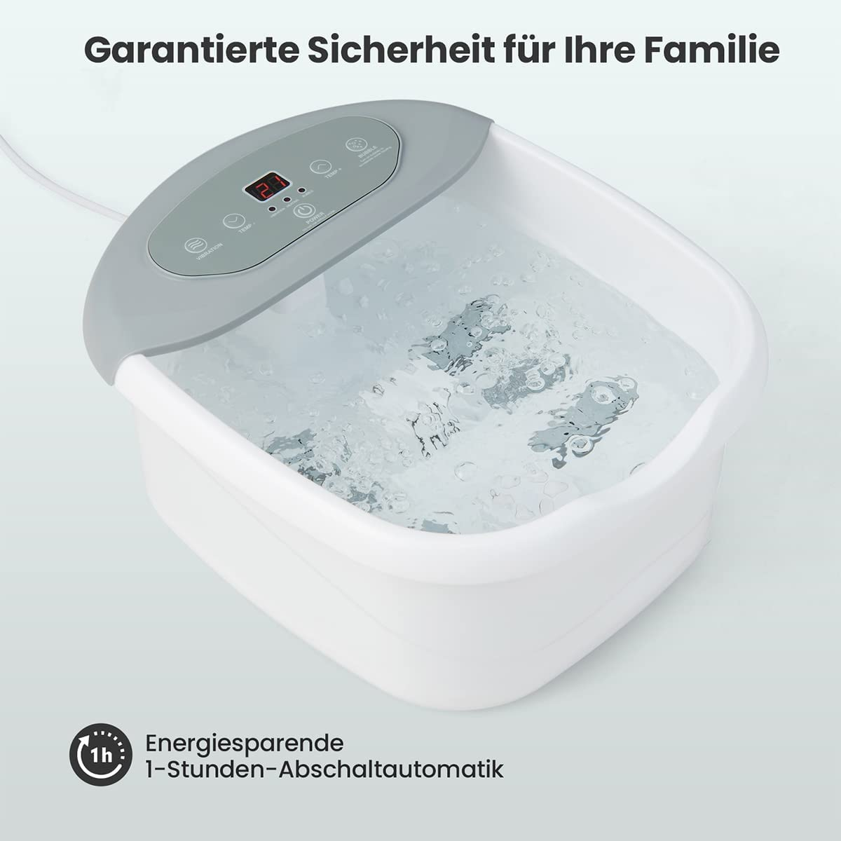 Ein Fußbad mit Wasser und Bedienelementen.