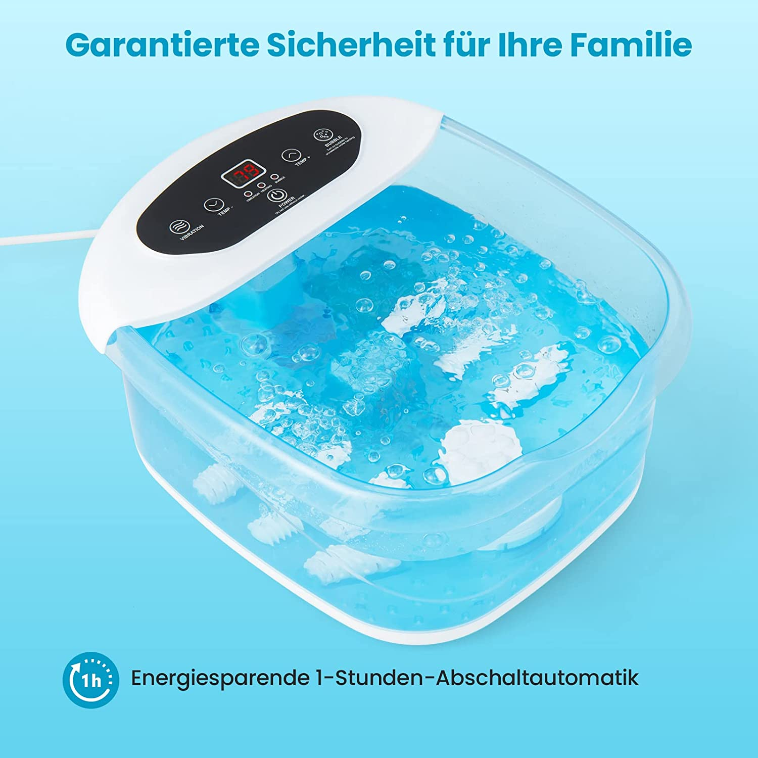 Fußbad mit Wasser, Display und Text 'Garantierte Sicherheit für Ihre Familie' und '1h Energiesparen'.